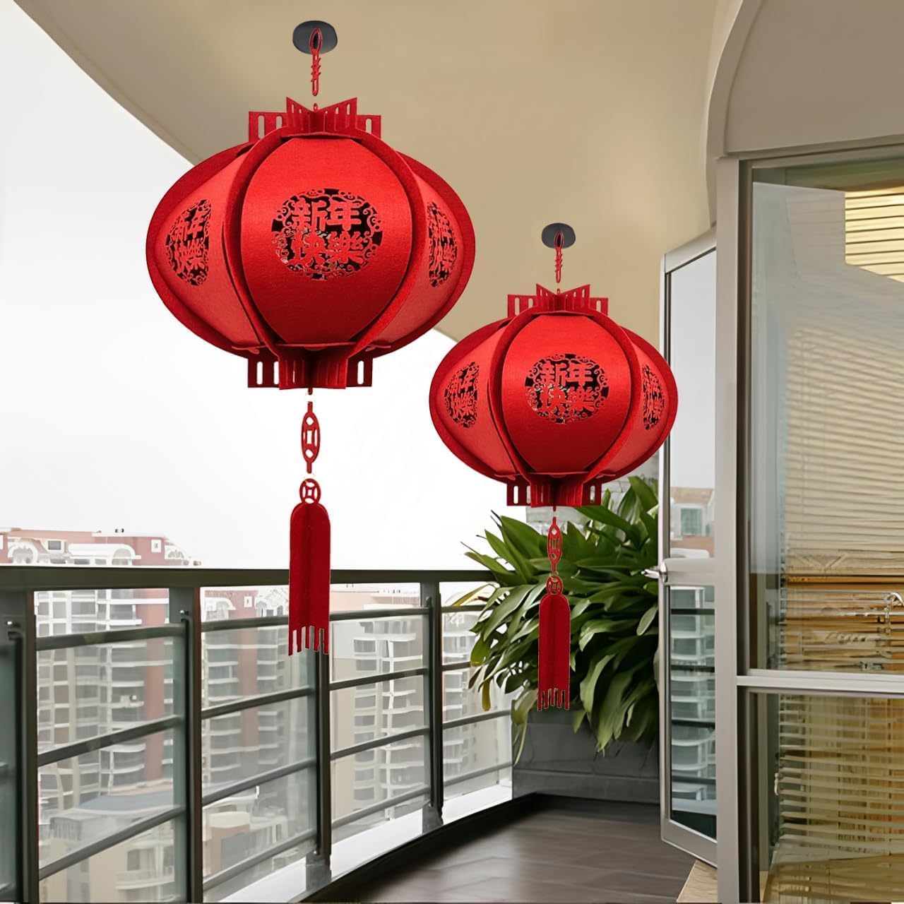 2025 Chinese New Year Lantern Decorations - Lucky Red Fu 3D Felt Puzzle Lunar New Year Hanging Decor
