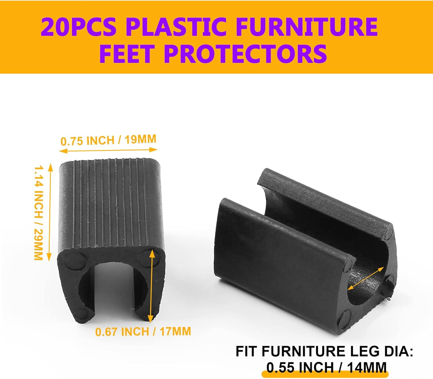 20PCS Black Plastic Furniture Feet Protectors - 14mm Plastic Caps for Bar Stools & Chairs - Non-Slip Leg Tips for Patio Furniture - Rectangle Leg Caps for Floor Protection