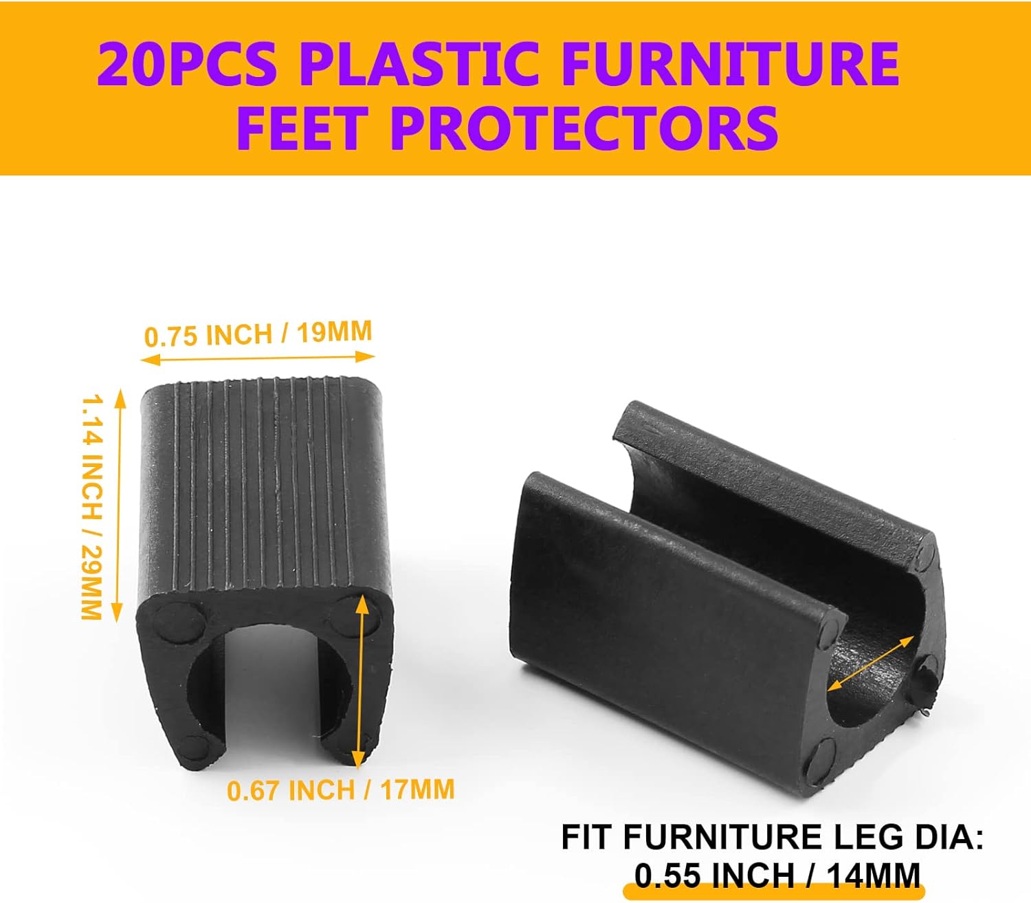 20PCS Black Plastic Furniture Feet Protectors - 14mm Plastic Caps for Bar Stools & Chairs - Non-Slip Leg Tips for Patio Furniture - Rectangle Leg Caps for Floor Protection