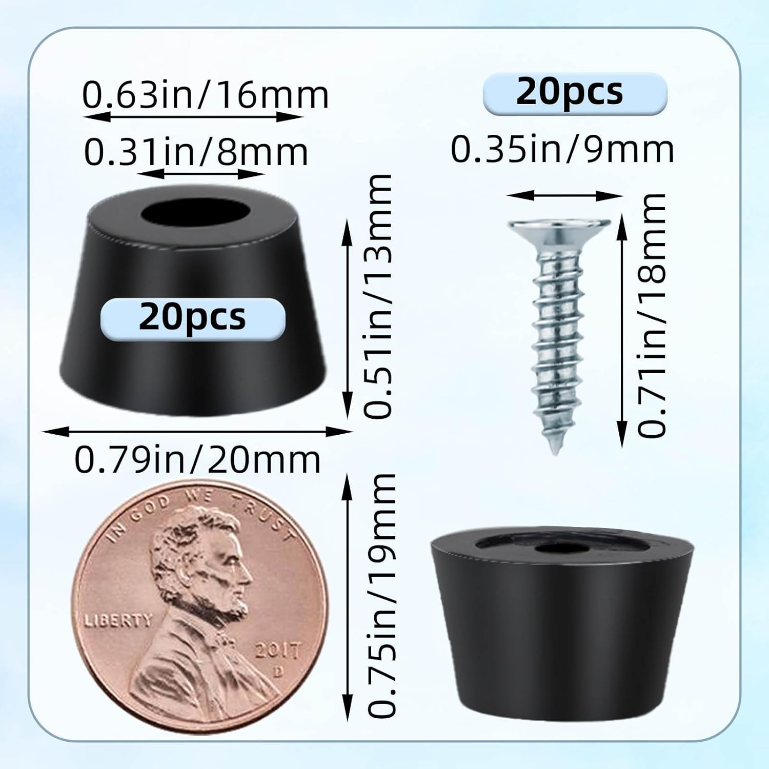 20PCS Round Rubber Feet with Steel Screws for Cutting Boards - Anti Slip Furniture Pads for Kitchen and Electronics