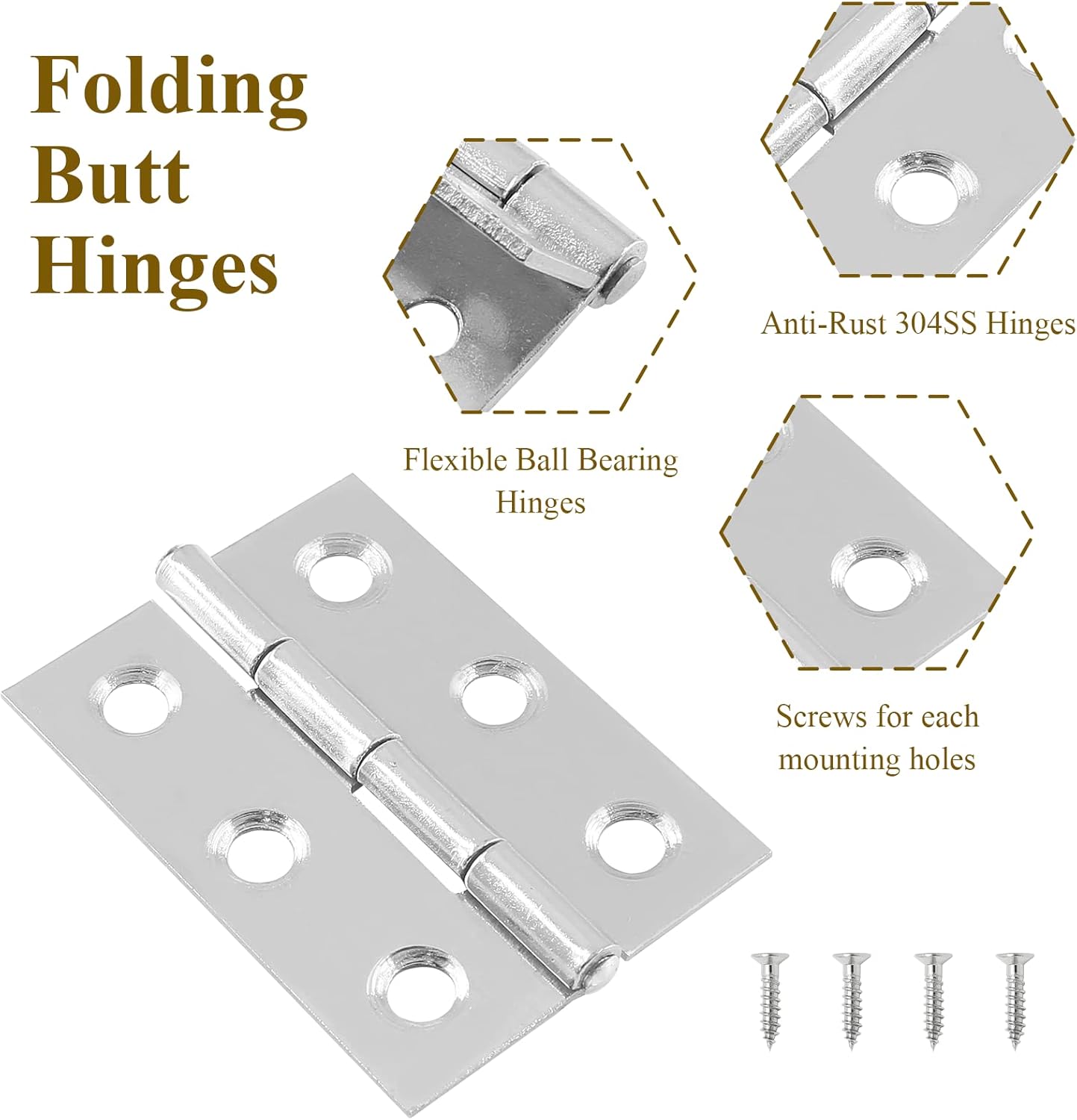 20pcs Stainless Steel 2 Inch Butt Hinges for Cabinets, Doors, Windows, Jewelry Boxes - Chrome Finish