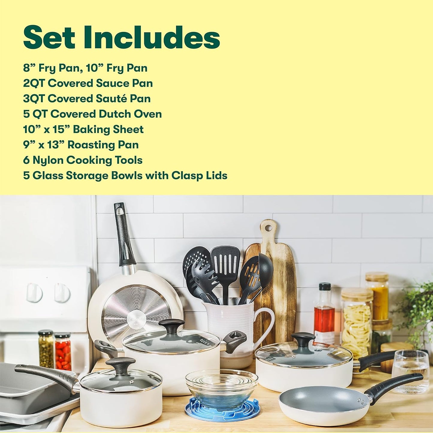 21 Piece Nonstick Cookware Set with Glass Lids - Aluminum Bakeware, Pots and Pans, Storage Bowls & Utensils - Compatible with All Stovetops - White