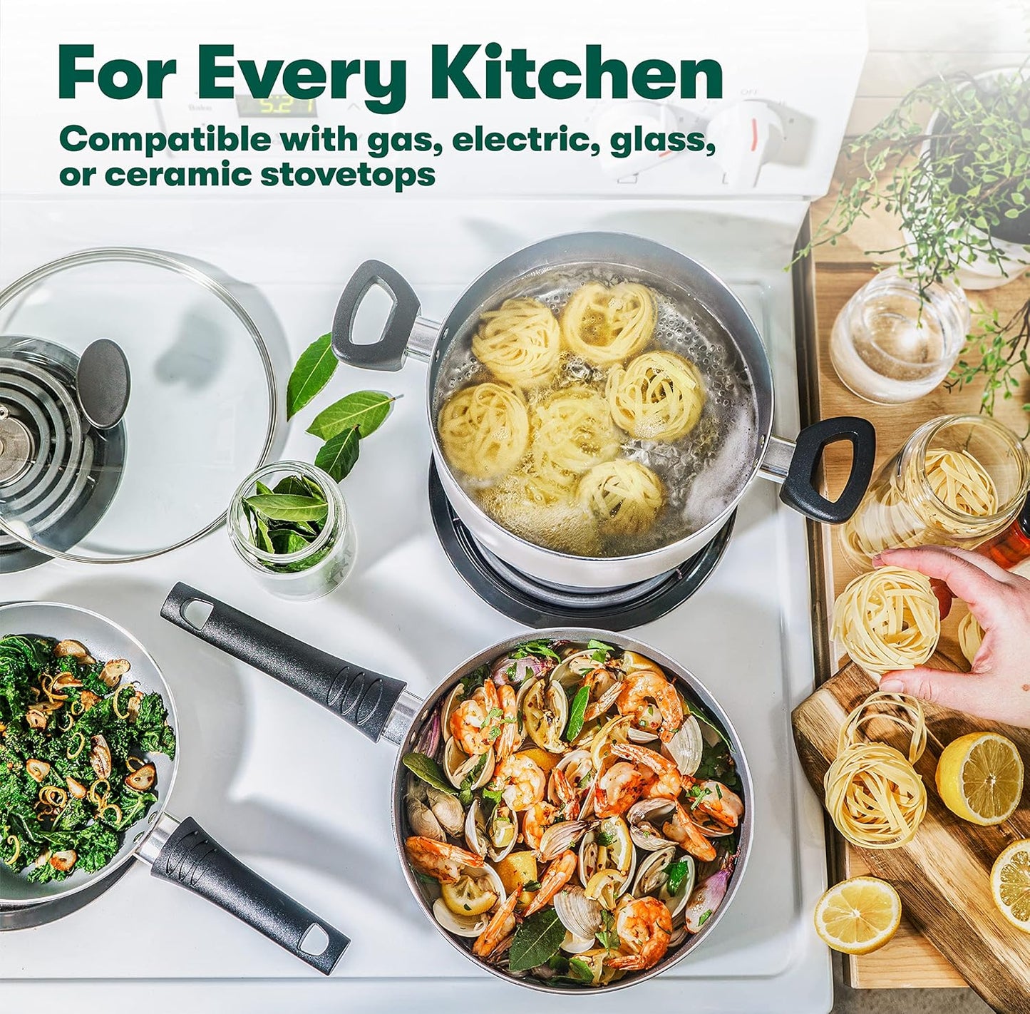 21 Piece Nonstick Cookware Set with Glass Lids - Aluminum Bakeware, Pots and Pans, Storage Bowls & Utensils - Compatible with All Stovetops - White