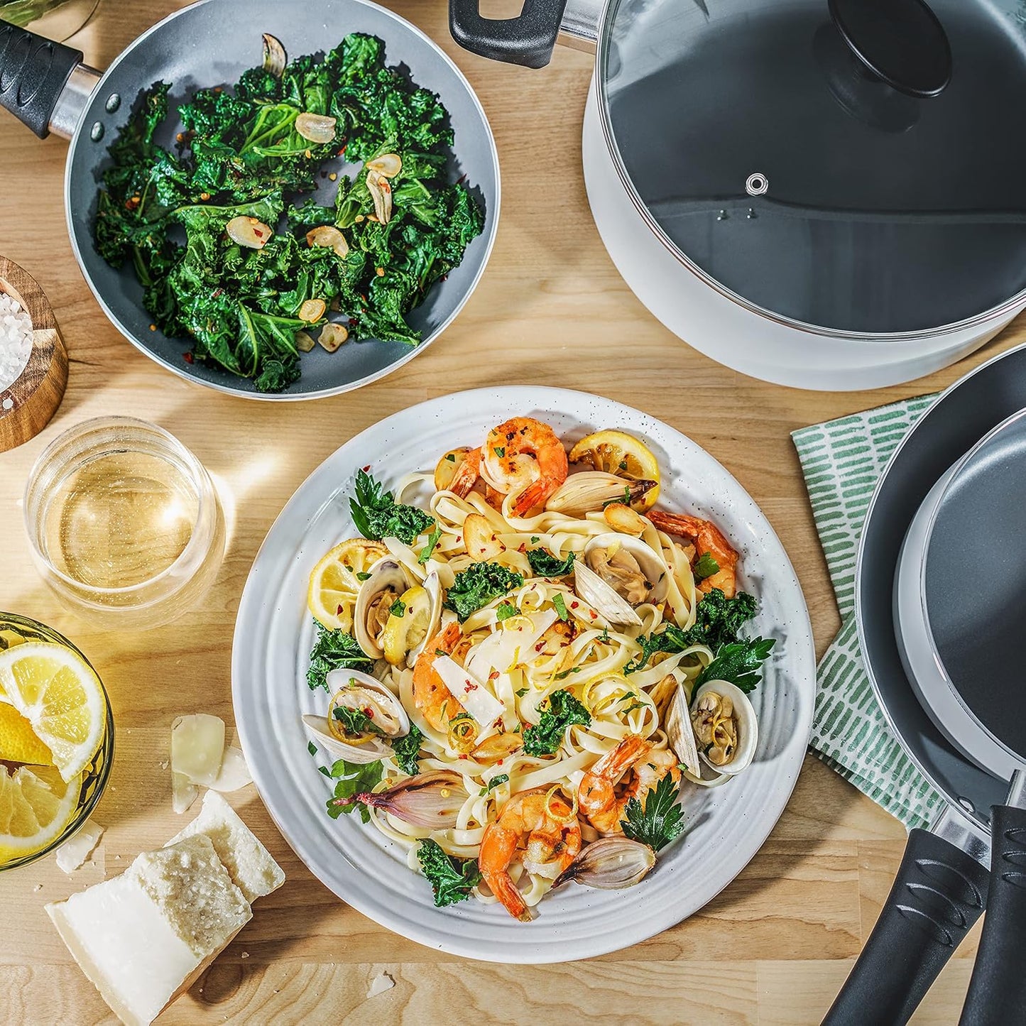 21 Piece Nonstick Cookware Set with Glass Lids - Aluminum Bakeware, Pots and Pans, Storage Bowls & Utensils - Compatible with All Stovetops - White