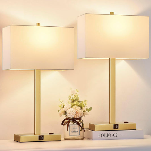 21" Set of 2 Touch Control Table Lamps with USB & AC Outlets, 3-Way Dimmable Modern Nightstand Lamps - White Shade Bedside Lamps