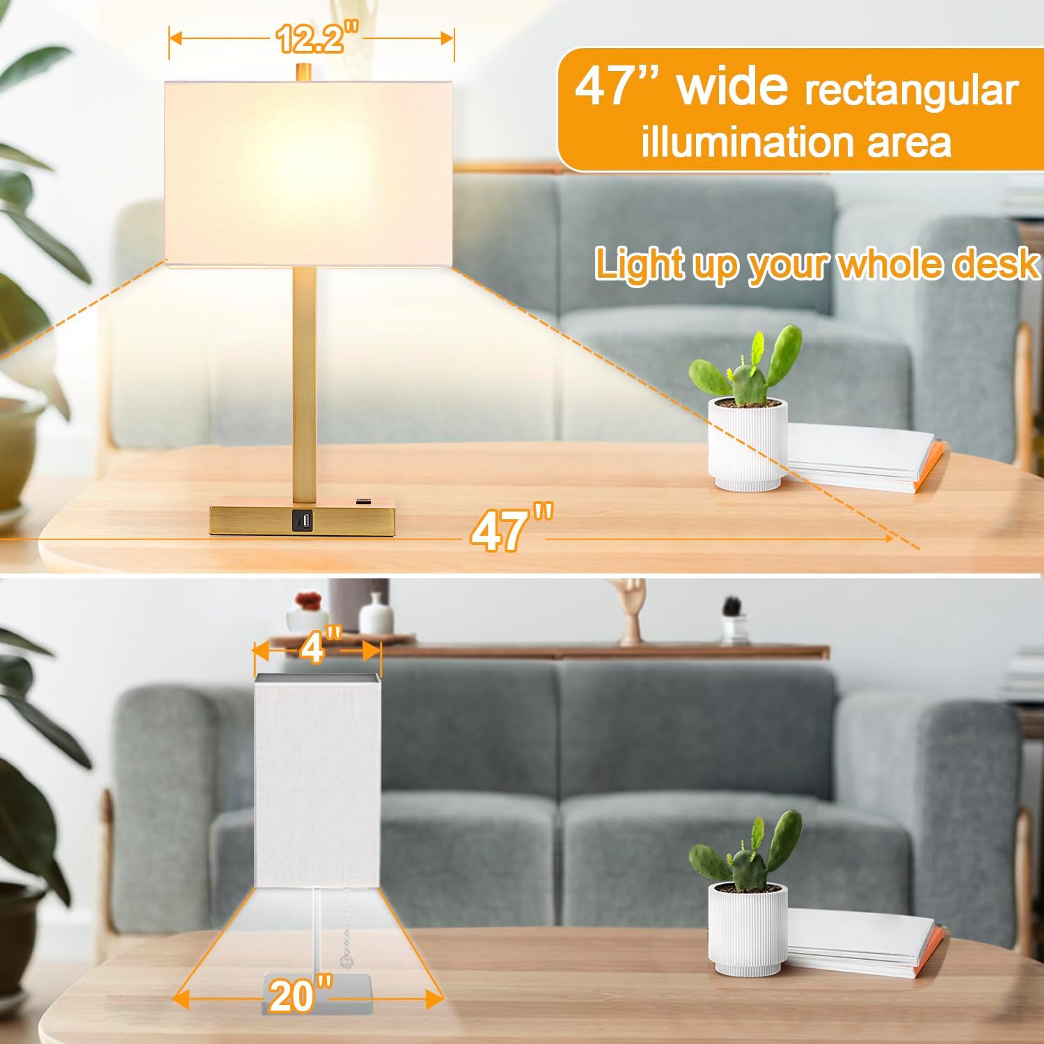 21" Set of 2 Touch Control Table Lamps with USB & AC Outlets, 3-Way Dimmable Modern Nightstand Lamps - White Shade Bedside Lamps