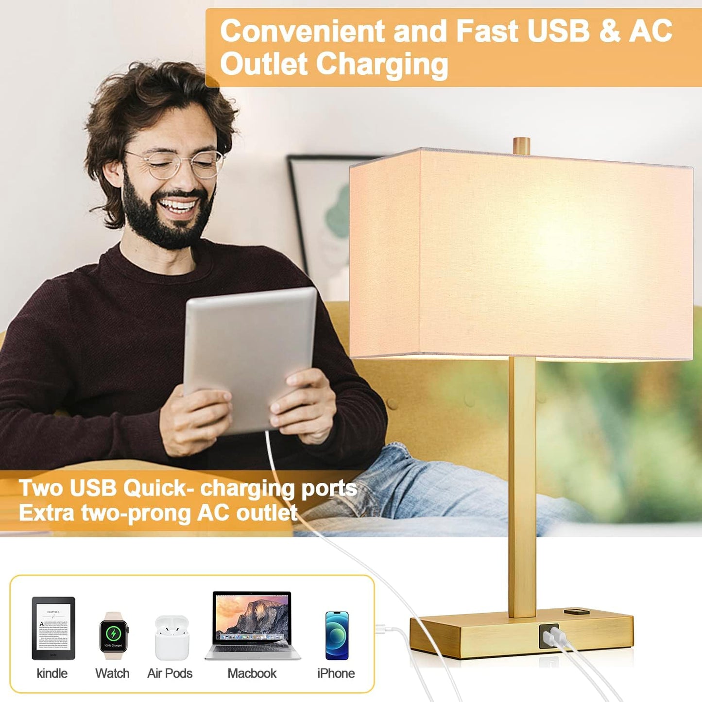 21" Set of 2 Touch Control Table Lamps with USB & AC Outlets, 3-Way Dimmable Modern Nightstand Lamps - White Shade Bedside Lamps