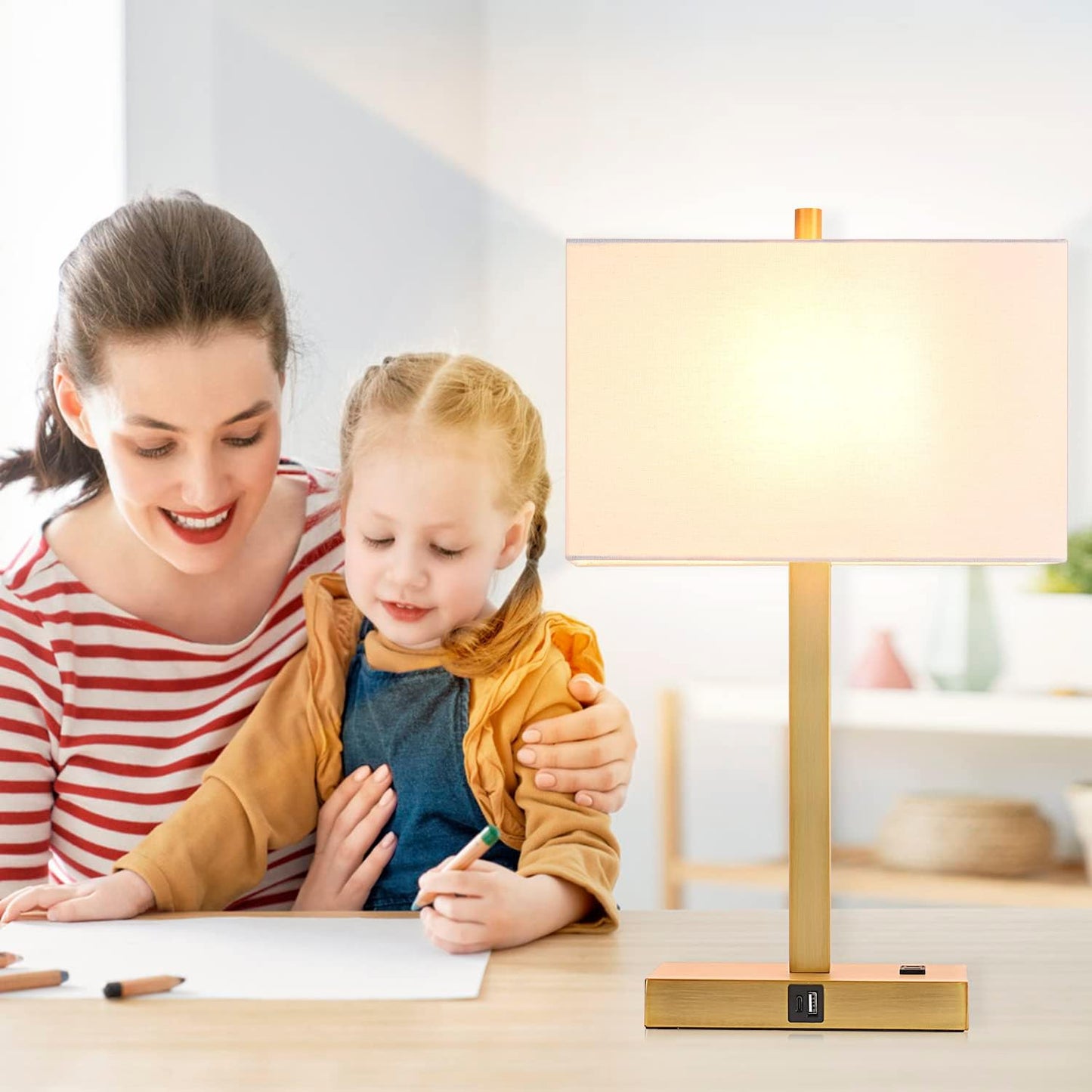 21" Set of 2 Touch Control Table Lamps with USB & AC Outlets, 3-Way Dimmable Modern Nightstand Lamps - White Shade Bedside Lamps