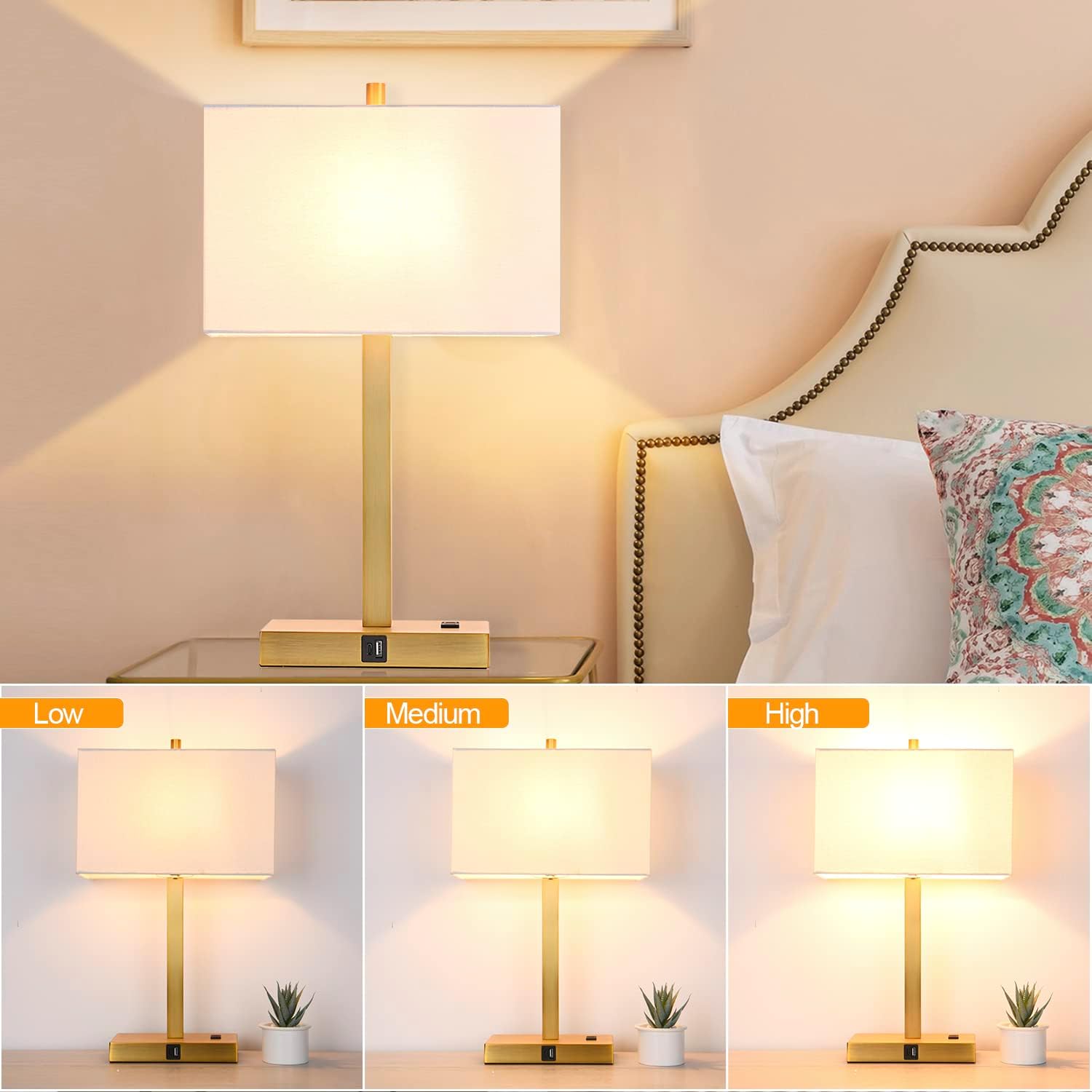 21" Set of 2 Touch Control Table Lamps with USB & AC Outlets, 3-Way Dimmable Modern Nightstand Lamps - White Shade Bedside Lamps