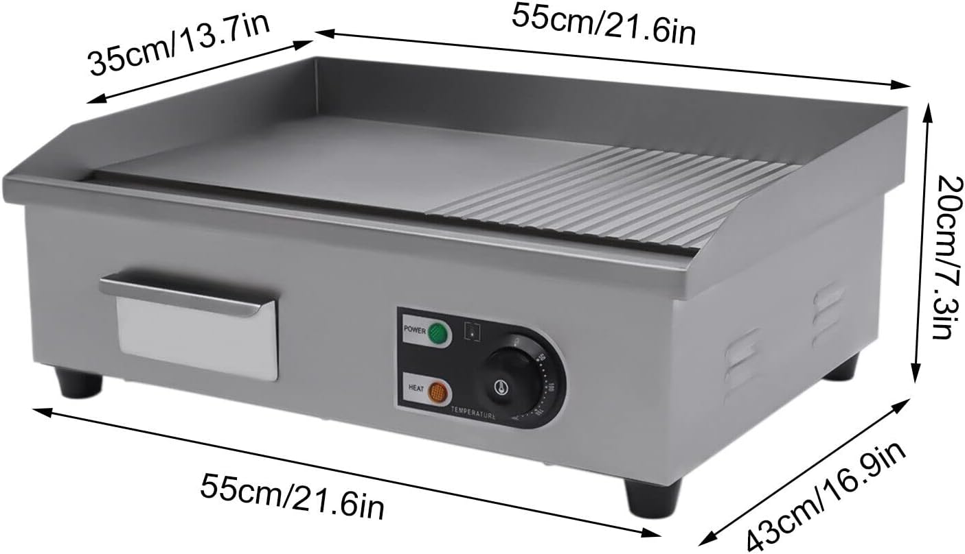 22" Commercial Electric Griddle - 1600W Restaurant Grill BBQ Flat Top - Stainless Steel Nonstick Countertop Griddle with Adjustable Thermostat for Kitchen