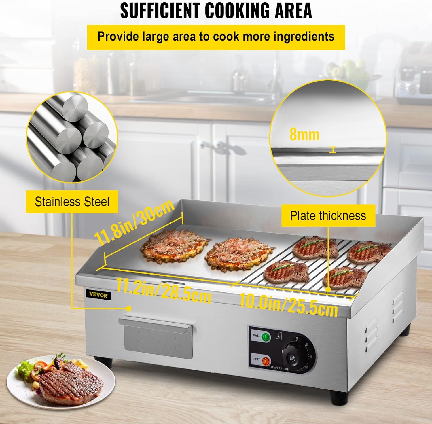 22" Commercial Electric Griddle with Half Grooved Teppanyaki Grill - Stainless Steel Countertop Grill for Kitchen - 1600W Flat Top Grill with Drip Hole, Adjustable Temperature.