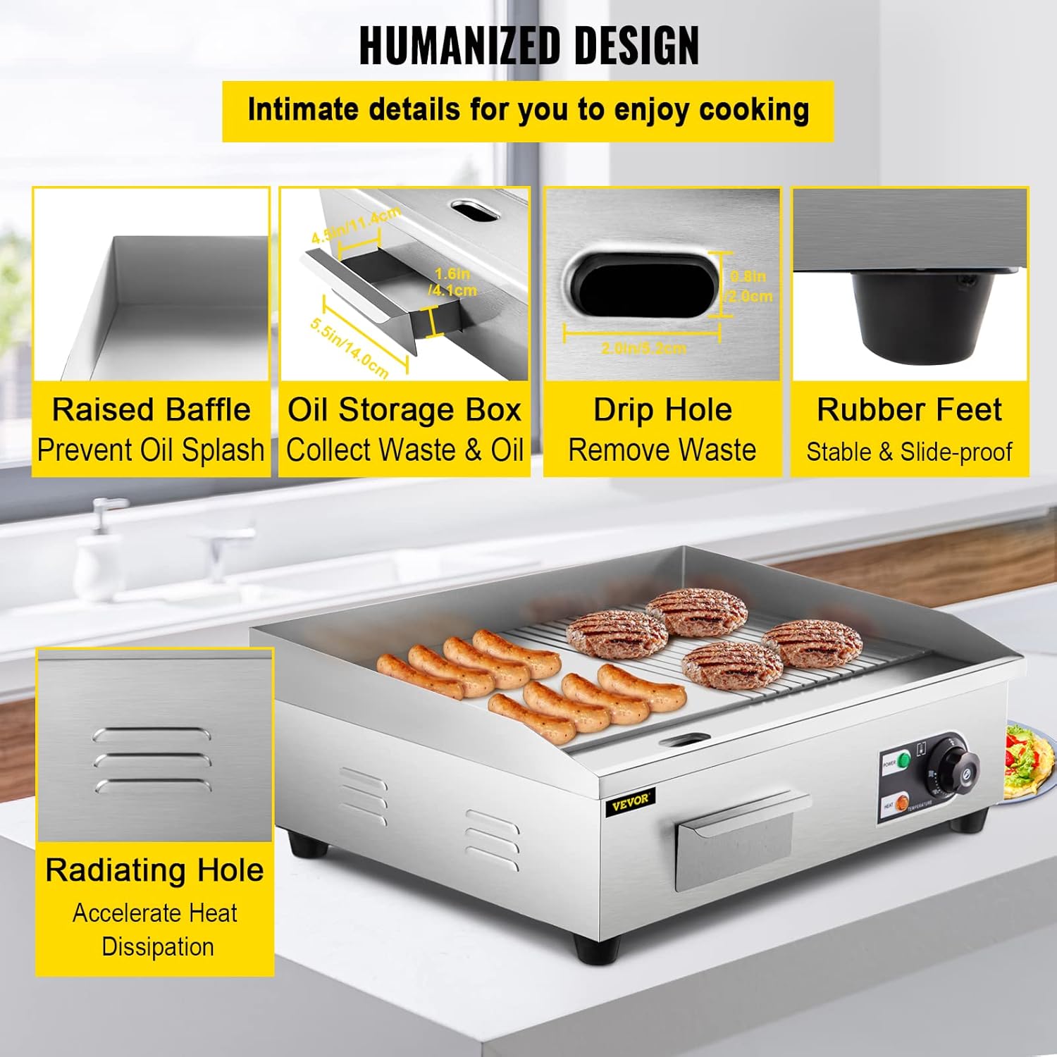 22" Commercial Electric Griddle with Half Grooved Teppanyaki Grill - Stainless Steel Countertop Grill for Kitchen - 1600W Flat Top Grill with Drip Hole, Adjustable Temperature.