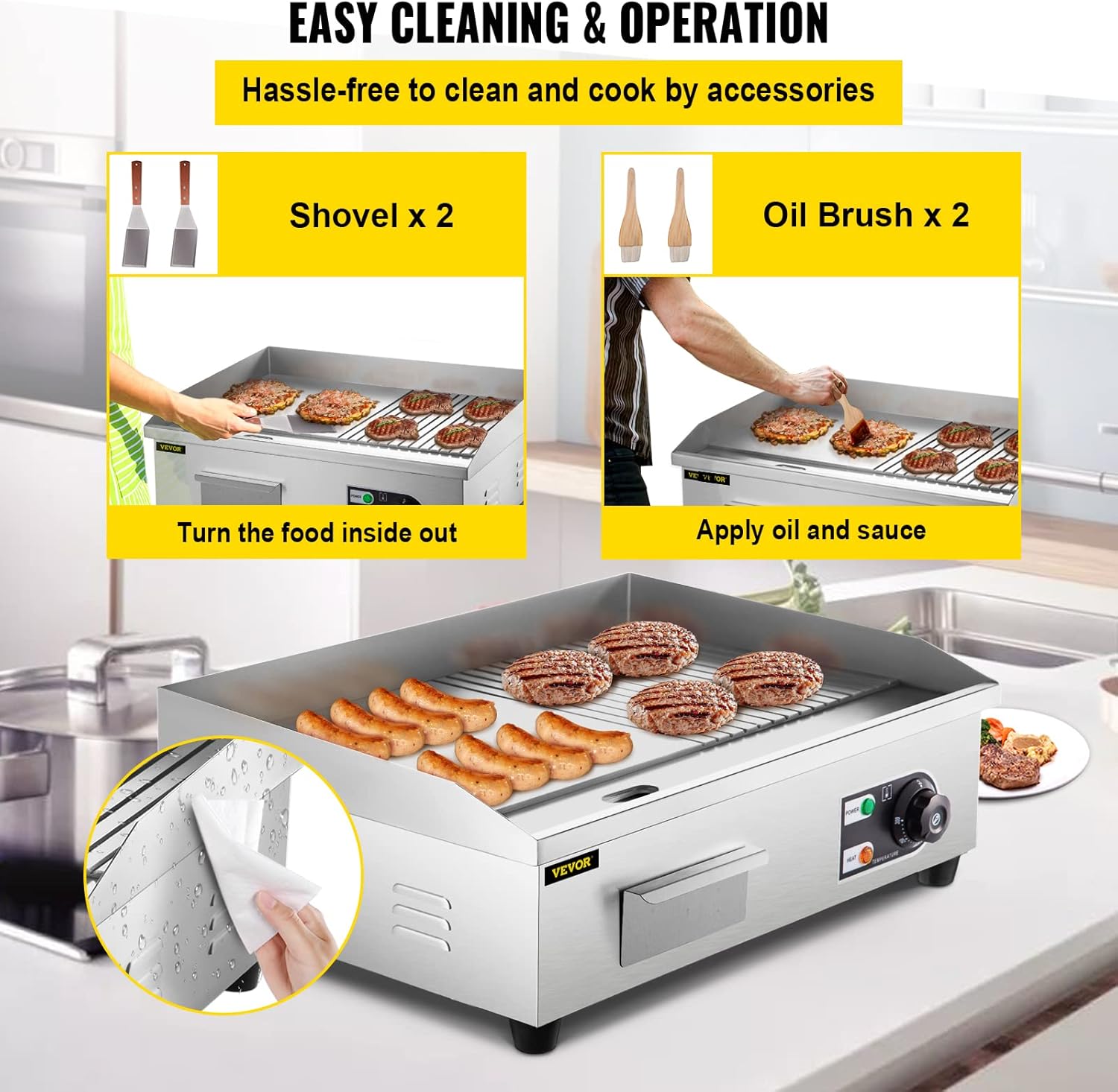 22" Commercial Electric Griddle with Half Grooved Teppanyaki Grill - Stainless Steel Countertop Grill for Kitchen - 1600W Flat Top Grill with Drip Hole, Adjustable Temperature.