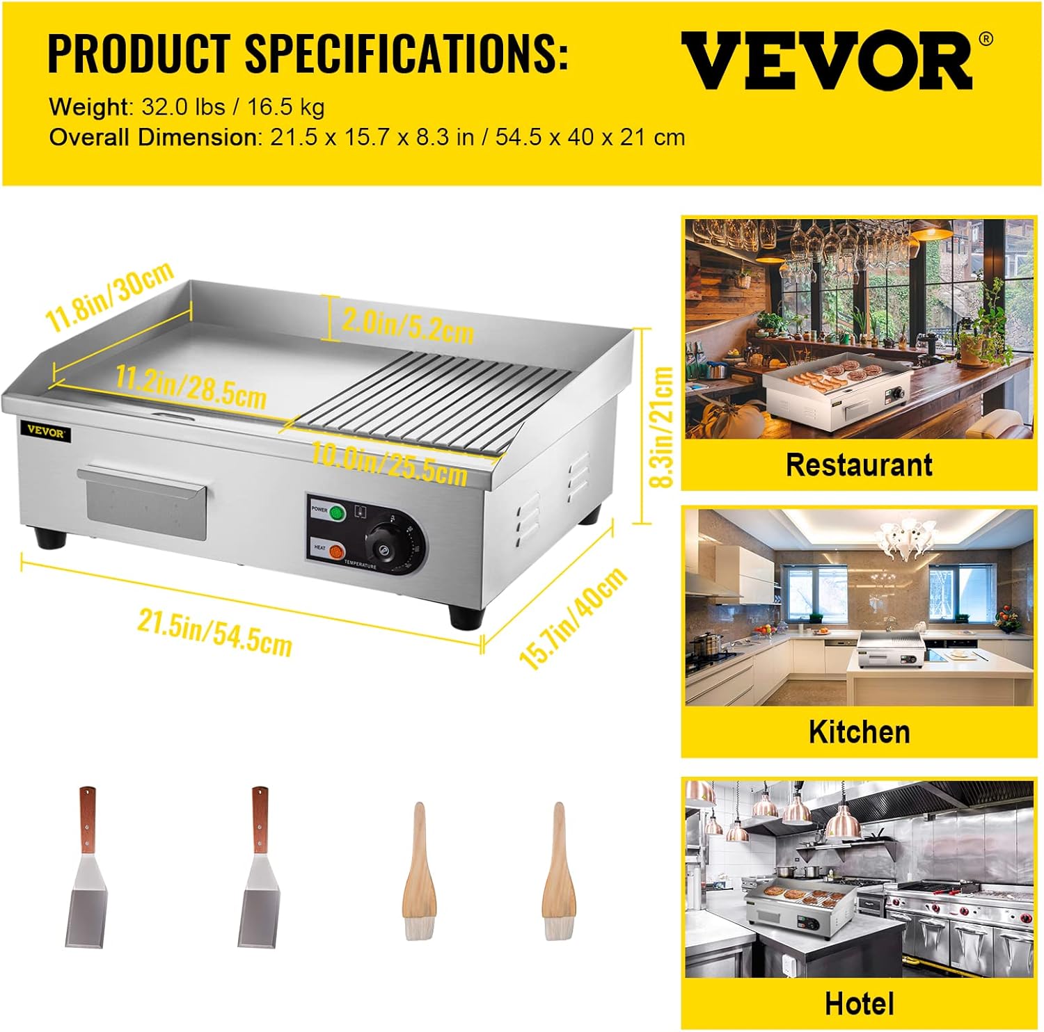 22" Commercial Electric Griddle with Half Grooved Teppanyaki Grill - Stainless Steel Countertop Grill for Kitchen - 1600W Flat Top Grill with Drip Hole, Adjustable Temperature.