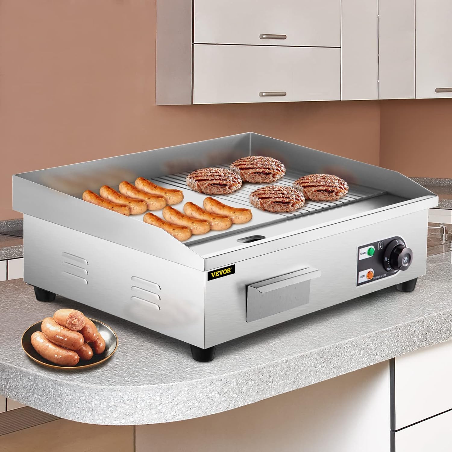 22" Commercial Electric Griddle with Half Grooved Teppanyaki Grill - Stainless Steel Countertop Grill for Kitchen - 1600W Flat Top Grill with Drip Hole, Adjustable Temperature.