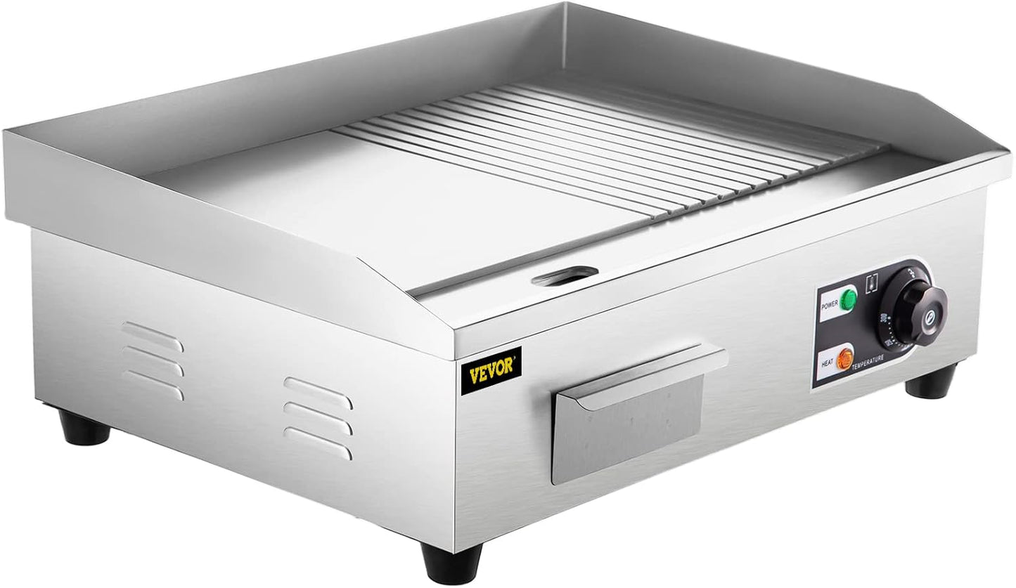 22" Commercial Electric Griddle with Half Grooved Teppanyaki Grill - Stainless Steel Countertop Grill for Kitchen - 1600W Flat Top Grill with Drip Hole, Adjustable Temperature.