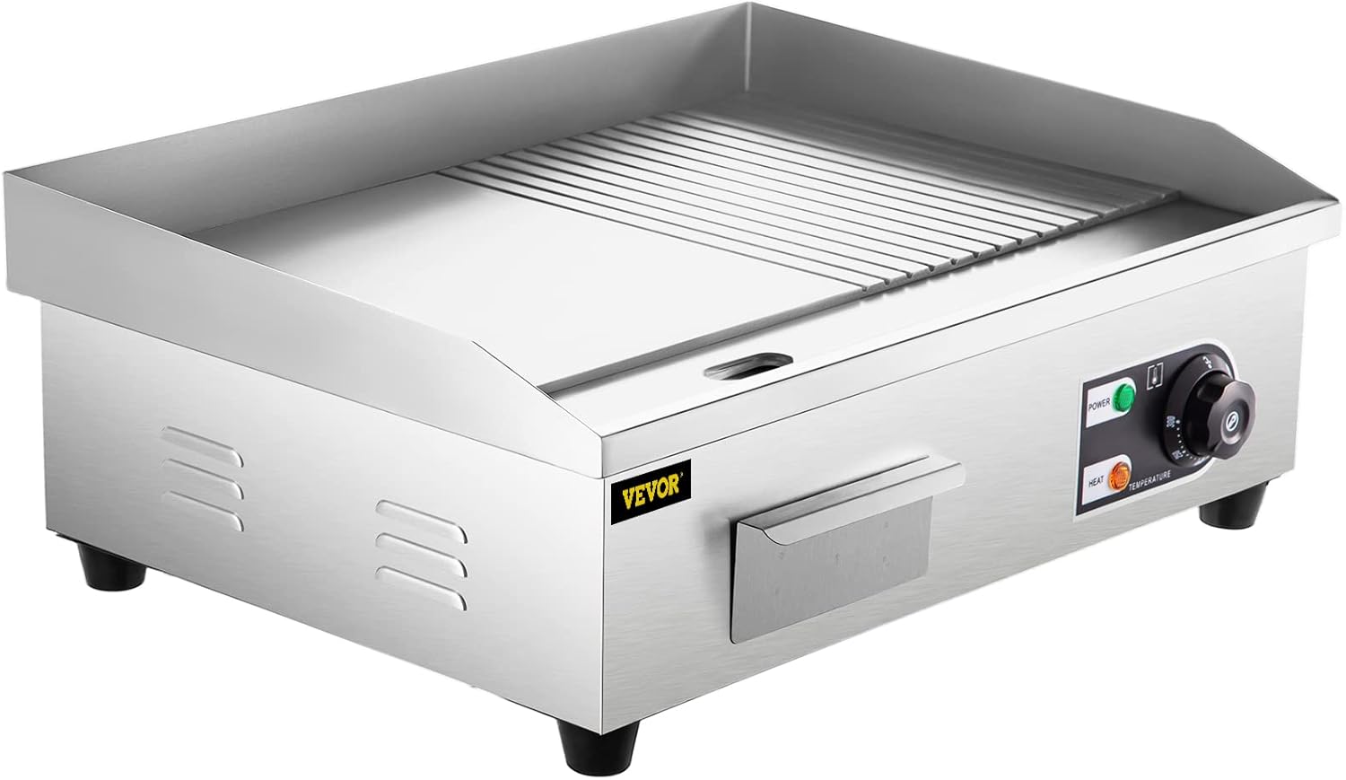 22" Commercial Electric Griddle with Half Grooved Teppanyaki Grill - Stainless Steel Countertop Grill for Kitchen - 1600W Flat Top Grill with Drip Hole, Adjustable Temperature.