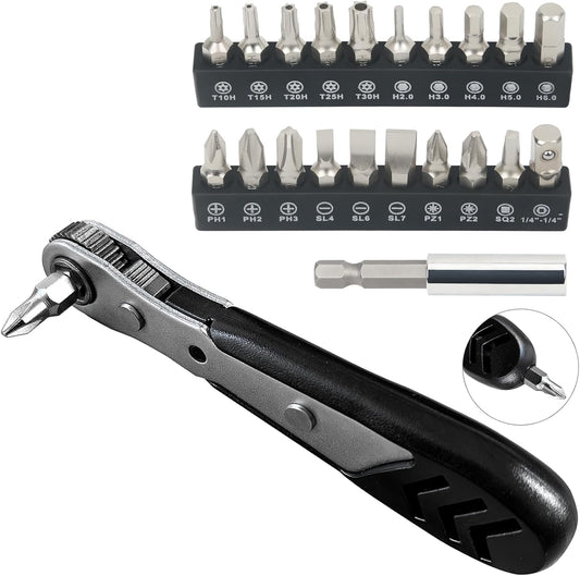 22-Piece Mini Ratchet Set with Right Angle Screwdriver for Tight Spaces, Phillips, Slotted, Torx, Hex, Square - Small Ratcheting Wrench Bit Ratchet