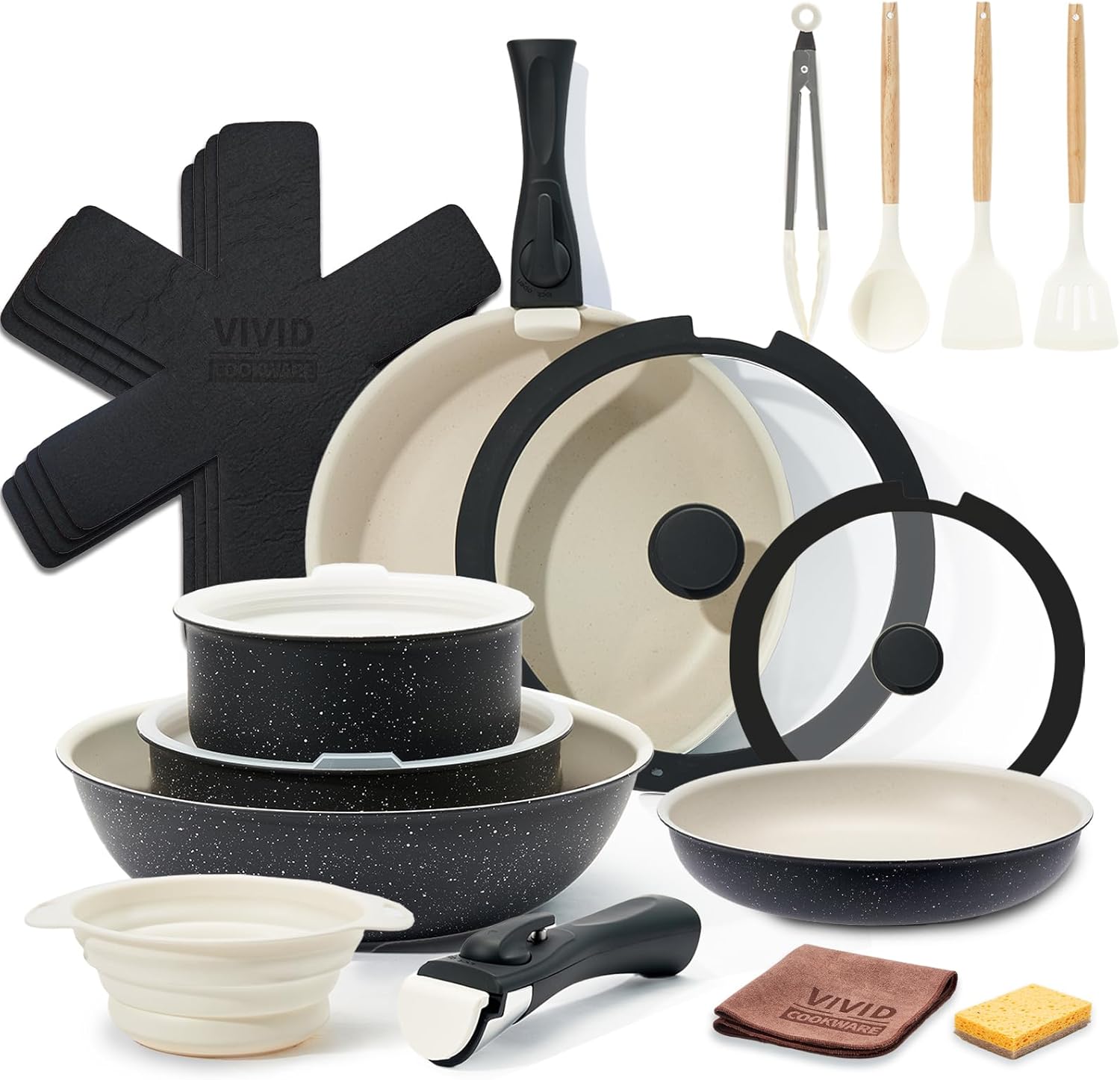 22 Piece Non-Stick Ceramic Cookware Set with Detachable Handles - Black