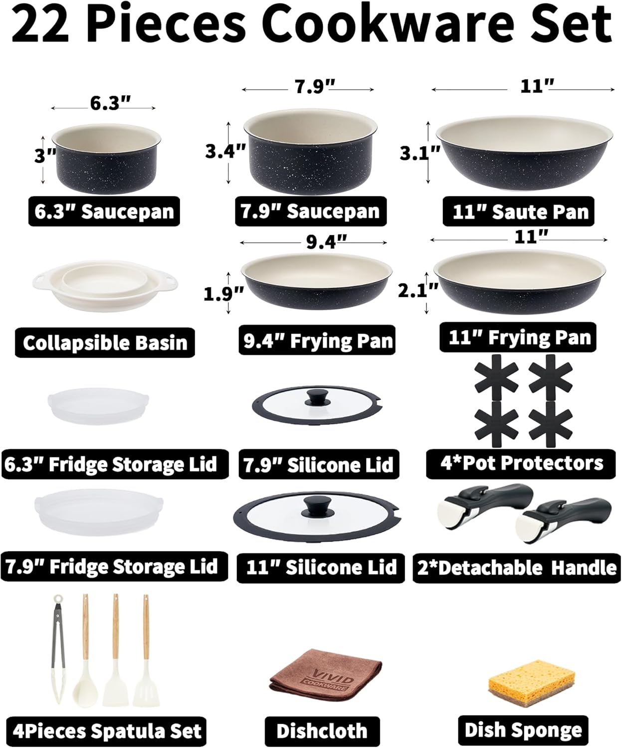 22 Piece Non-Stick Ceramic Cookware Set with Detachable Handles - Black