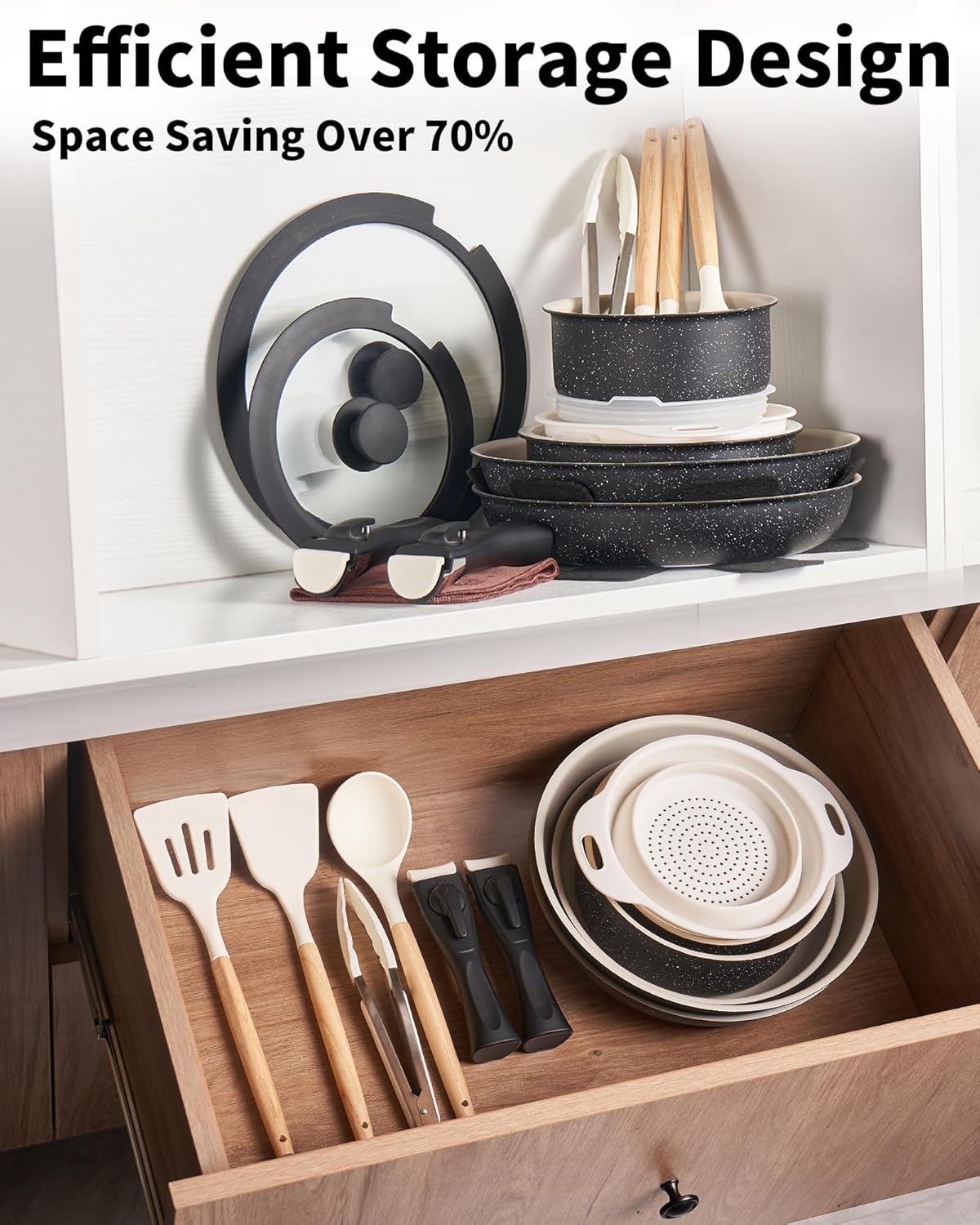 22 Piece Non-Stick Ceramic Cookware Set with Detachable Handles - Black