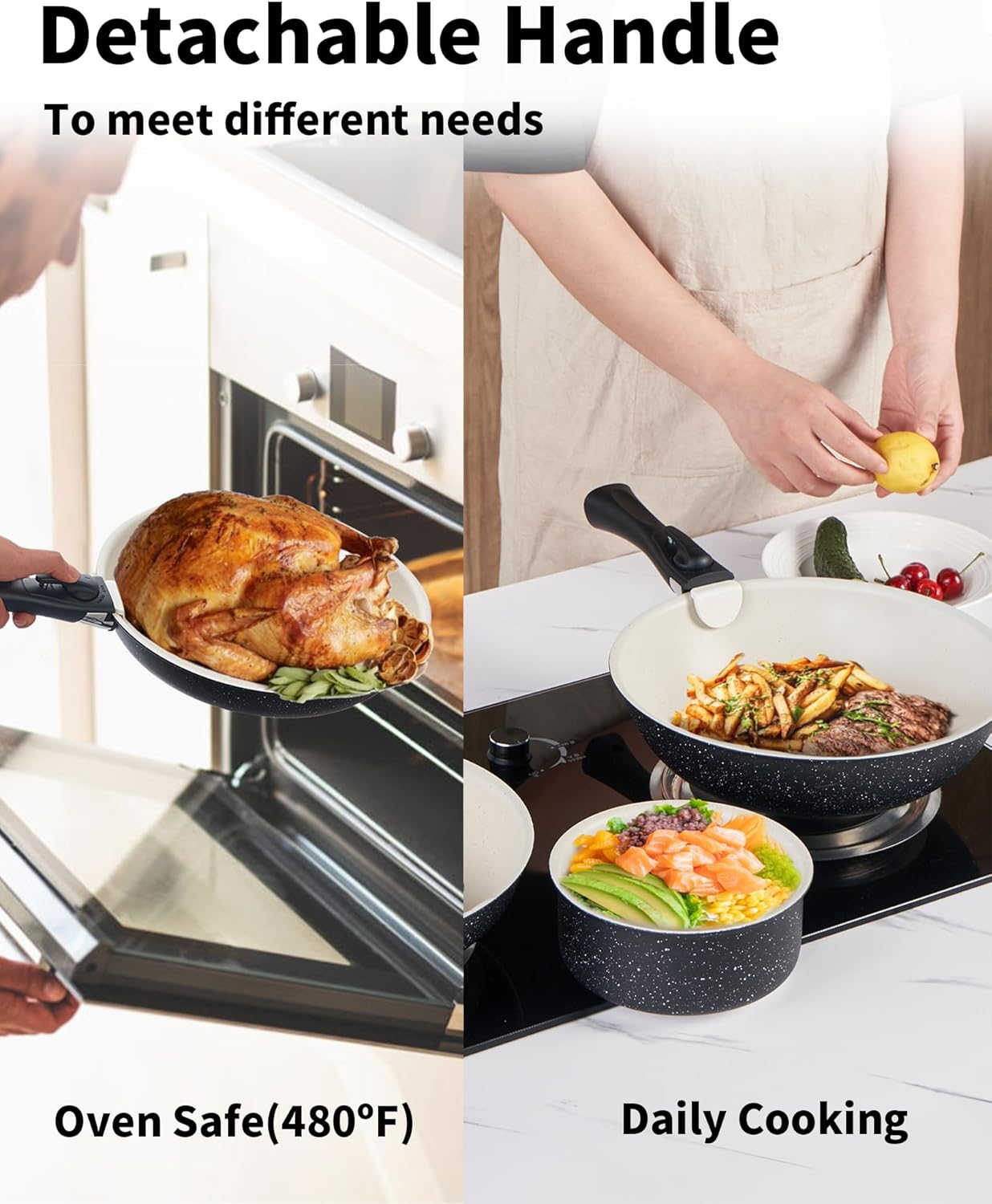 22 Piece Non-Stick Ceramic Cookware Set with Detachable Handles - Black