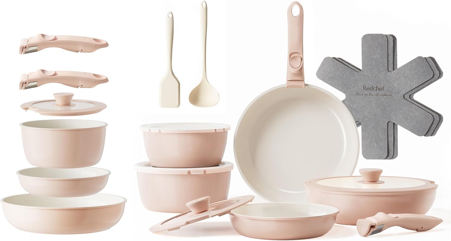 22 Piece Redchef Ceramic Cookware Set with Detachable Handle - Nonstick, Non Toxic, PFAS PFOA & PTFE Free - Dishwasher/Oven Safe - Ideal for Camping