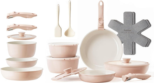 22 Piece Redchef Ceramic Cookware Set with Detachable Handle - Nonstick, Non Toxic, PFAS PFOA & PTFE Free - Dishwasher/Oven Safe - Ideal for Camping