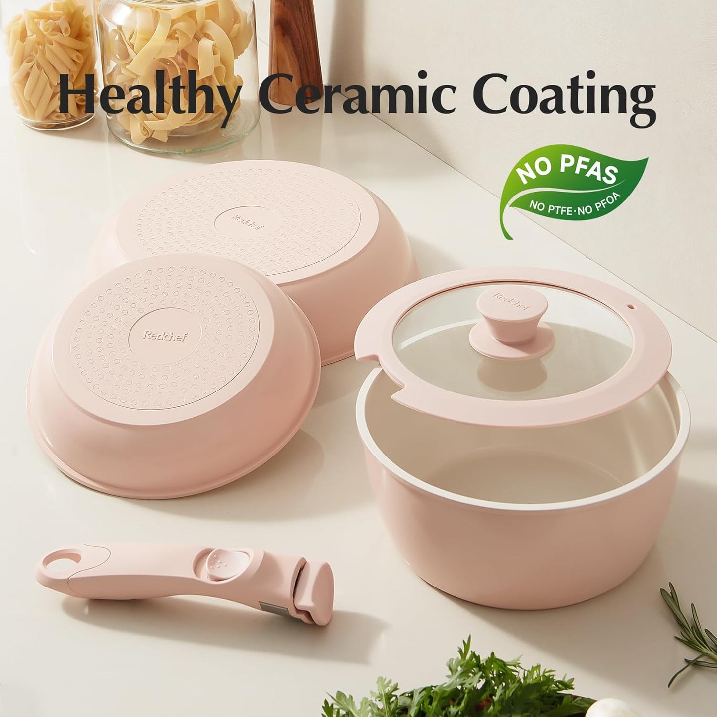 22 Piece Redchef Ceramic Cookware Set with Detachable Handle - Nonstick, Non Toxic, PFAS PFOA & PTFE Free - Dishwasher/Oven Safe - Ideal for Camping