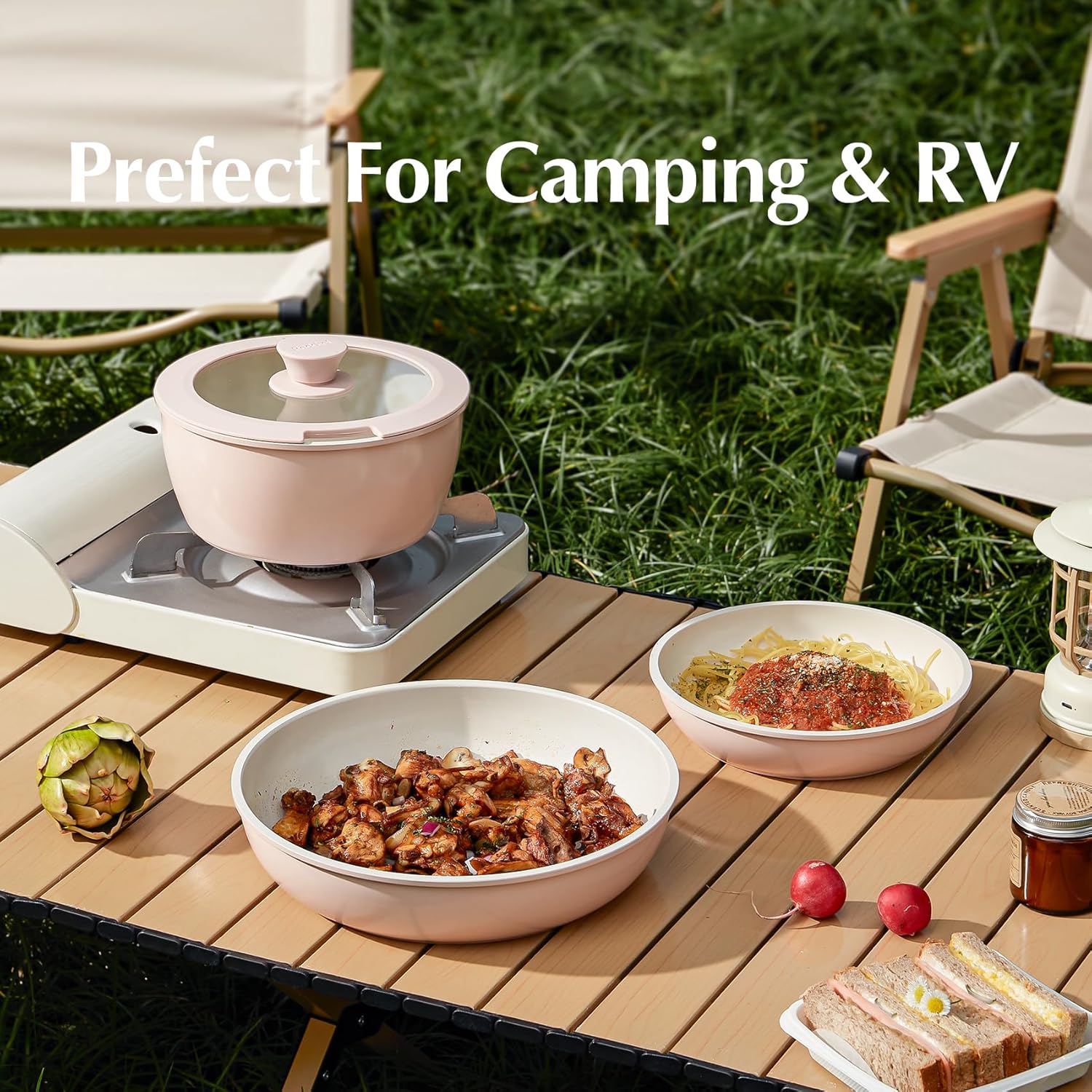 22 Piece Redchef Ceramic Cookware Set with Detachable Handle - Nonstick, Non Toxic, PFAS PFOA & PTFE Free - Dishwasher/Oven Safe - Ideal for Camping