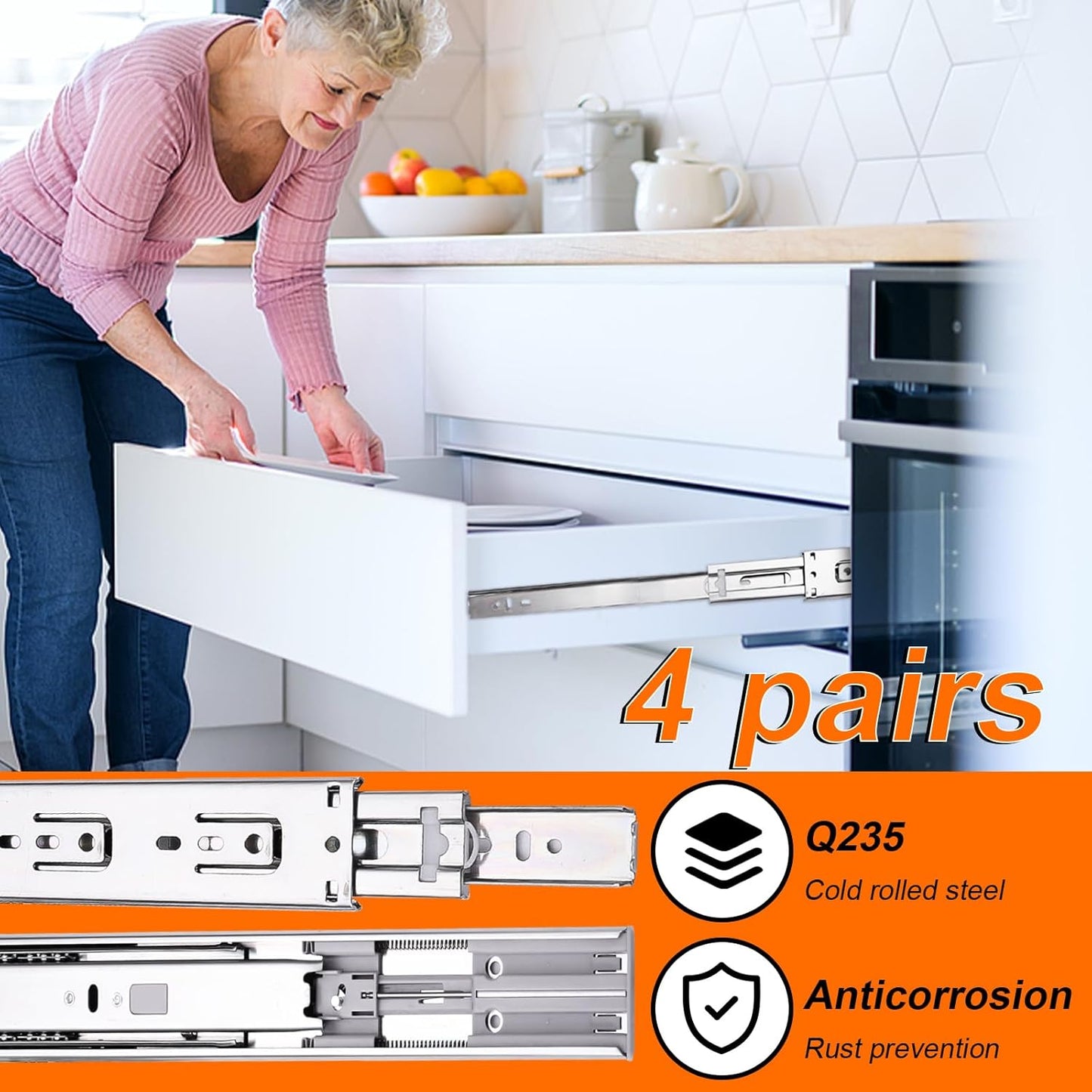 22" Soft Close Full Extension Ball Bearing Drawer Slides - 4 Pairs (8pcs) - Side Mount, 100 LB Capacity - Silver