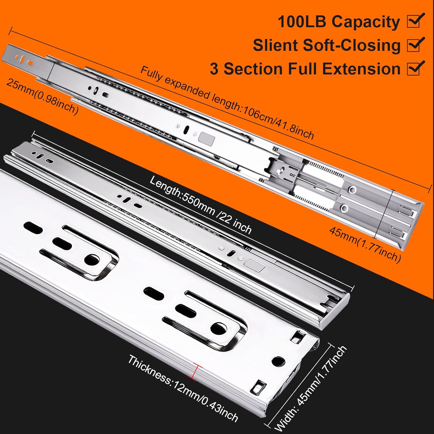 22" Soft Close Full Extension Ball Bearing Drawer Slides - 4 Pairs (8pcs) - Side Mount, 100 LB Capacity - Silver