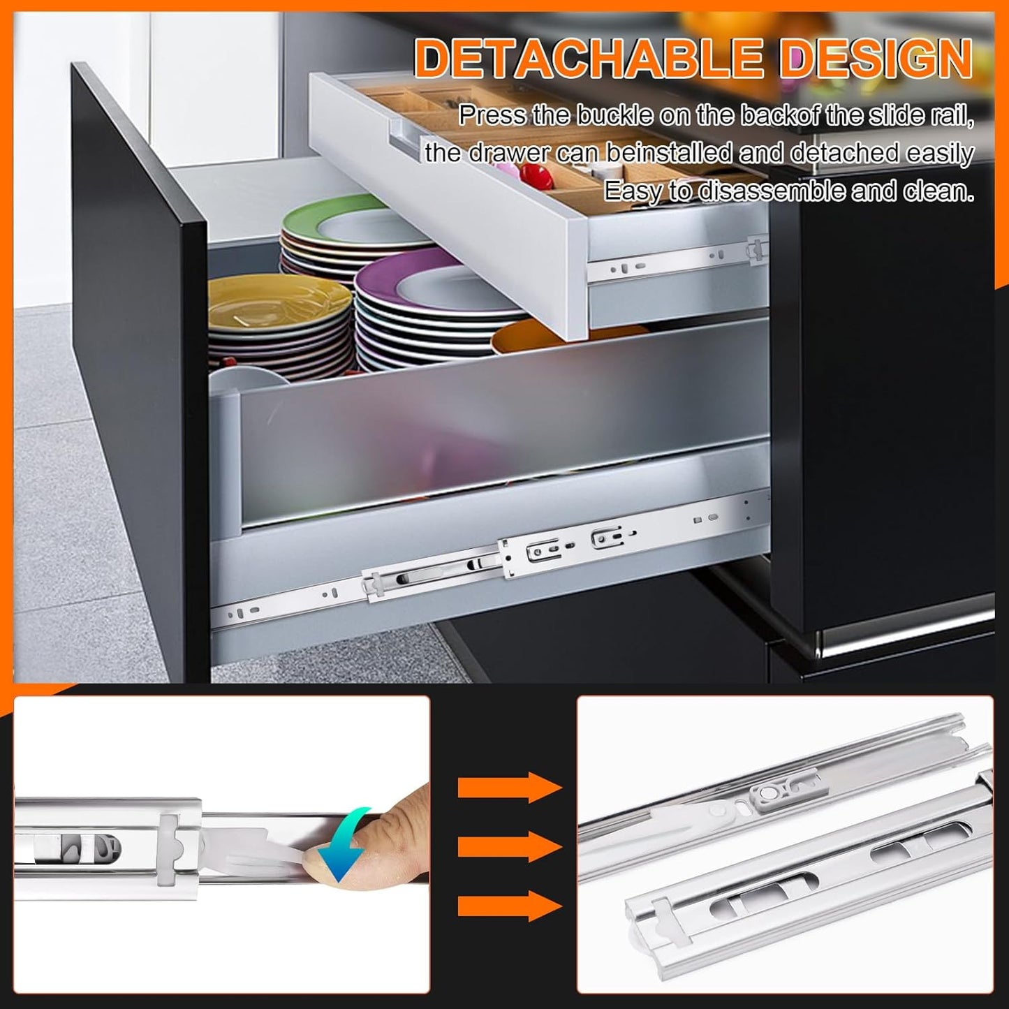 22" Soft Close Full Extension Ball Bearing Drawer Slides - 4 Pairs (8pcs) - Side Mount, 100 LB Capacity - Silver