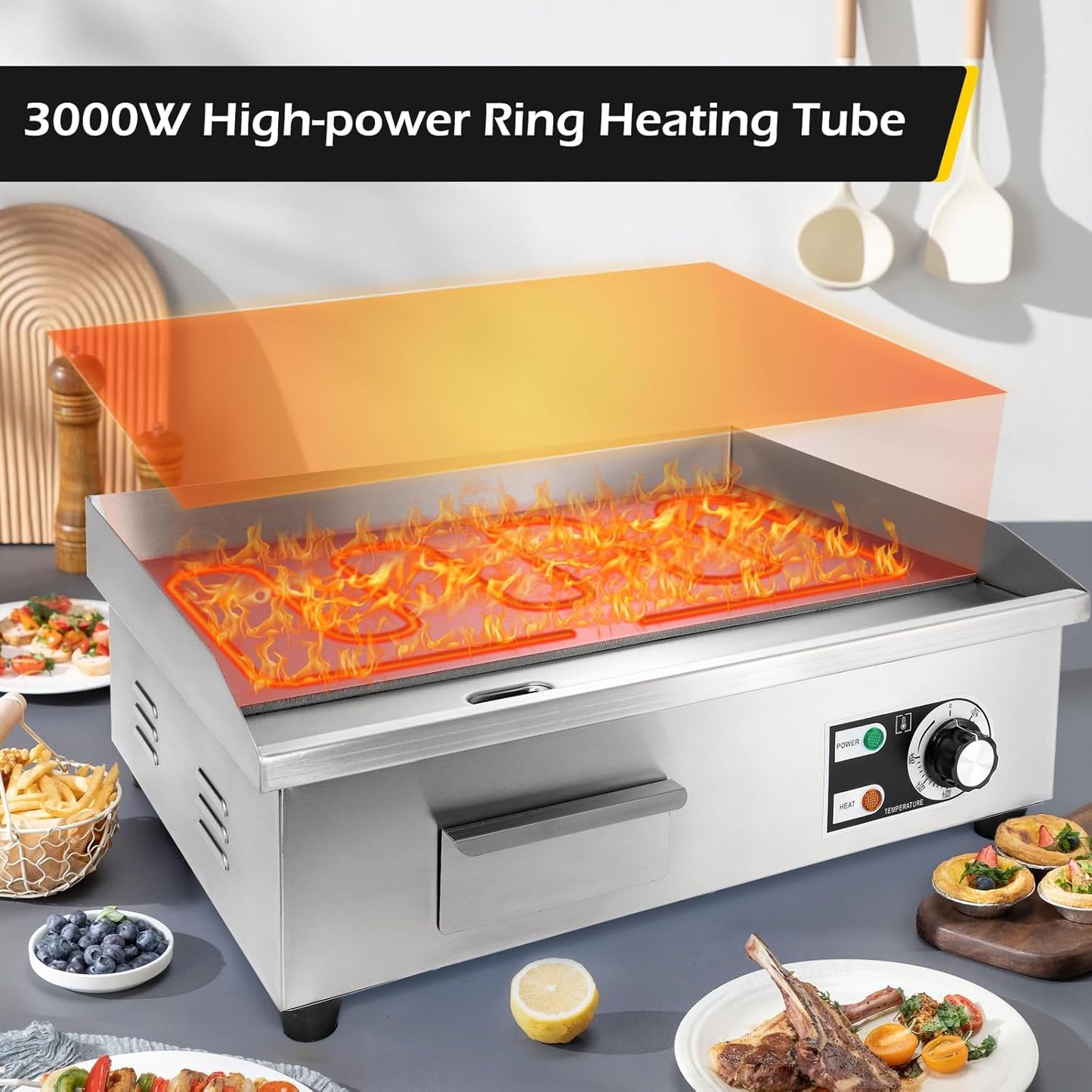 22'' Stainless Steel Electric Teppanyaki Grill - Commercial Countertop Griddle for Restaurant Kitchen - 3000W 110V Large Flat Top Grill by Dyna-Living