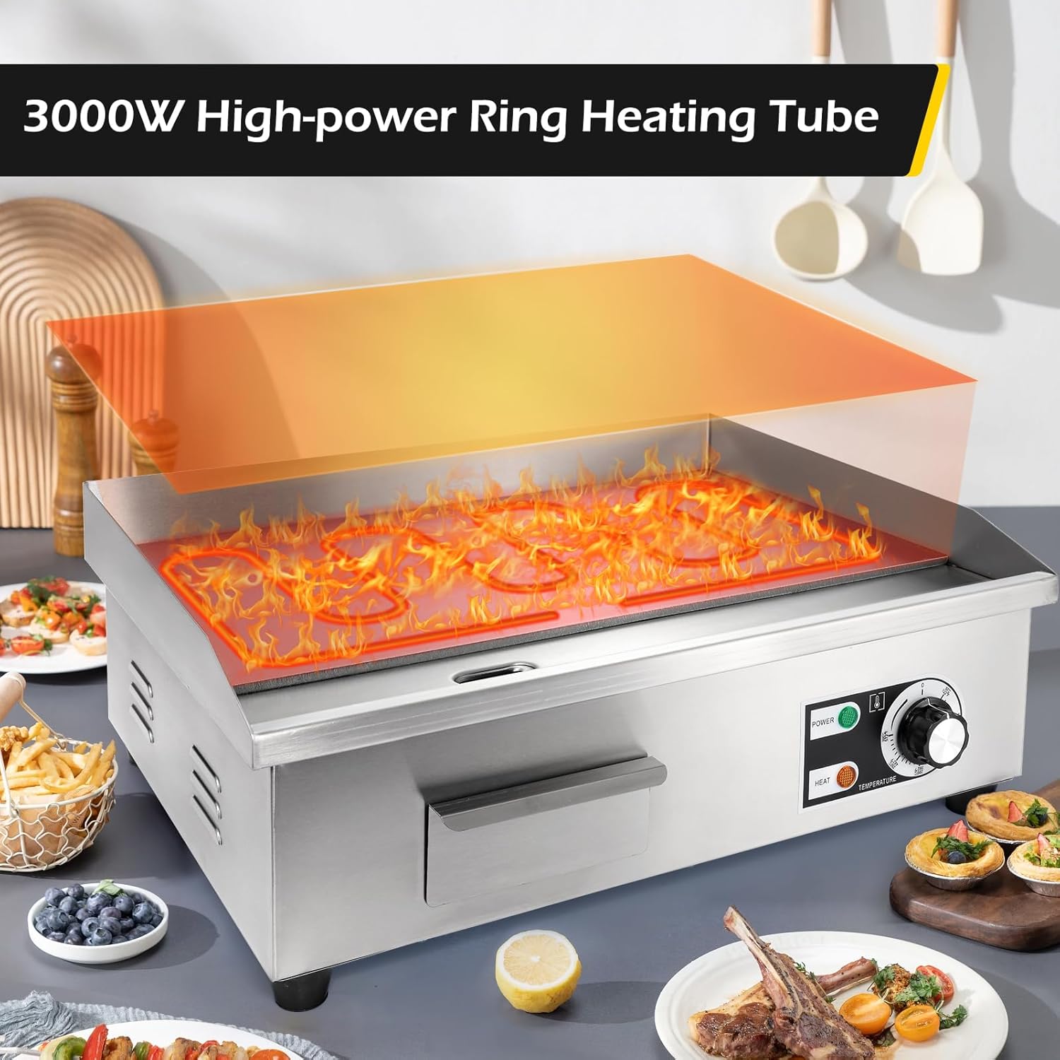 22'' Stainless Steel Electric Teppanyaki Grill - Commercial Countertop Griddle for Restaurant Kitchen - 3000W 110V Large Flat Top Grill by Dyna-Living