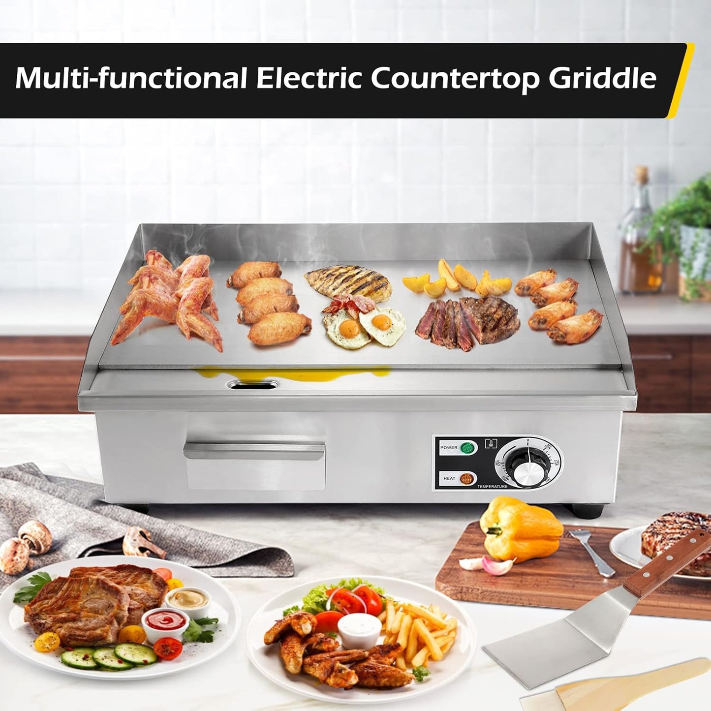 22'' Stainless Steel Electric Teppanyaki Grill - Commercial Countertop Griddle for Restaurant Kitchen - 3000W 110V Large Flat Top Grill by Dyna-Living