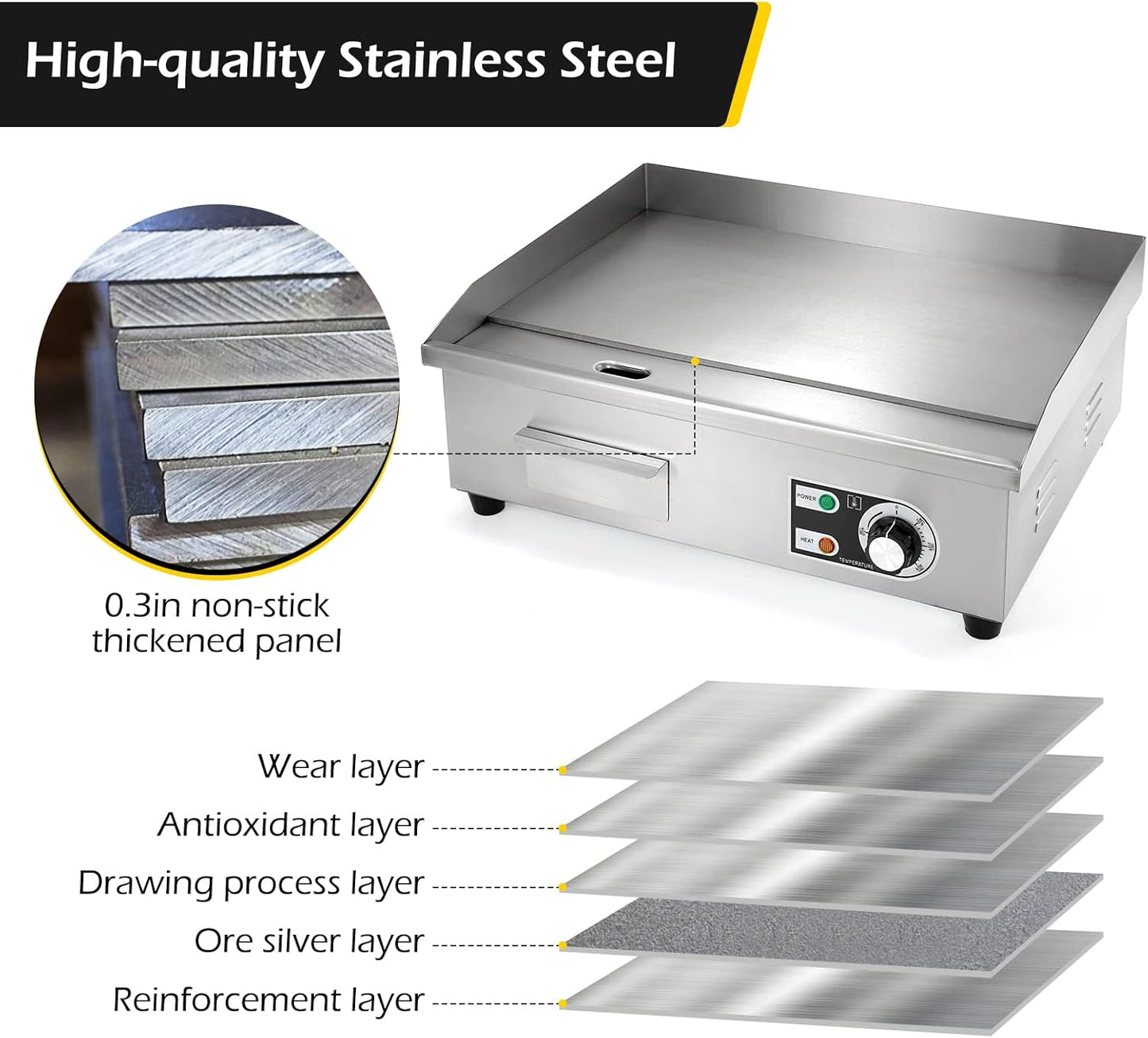 22'' Stainless Steel Electric Teppanyaki Grill - Commercial Countertop Griddle for Restaurant Kitchen - 3000W 110V Large Flat Top Grill by Dyna-Living