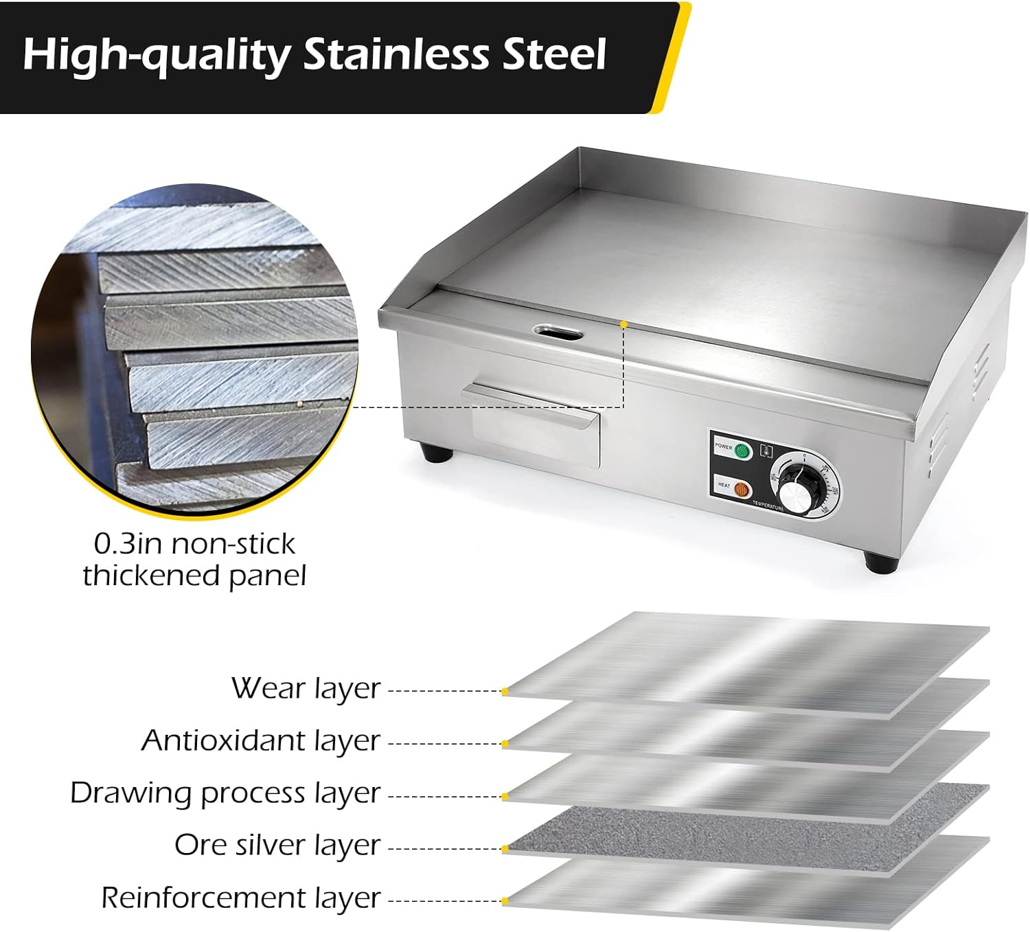 22'' Stainless Steel Electric Teppanyaki Grill - Commercial Countertop Griddle for Restaurant Kitchen - 3000W 110V Large Flat Top Grill by Dyna-Living