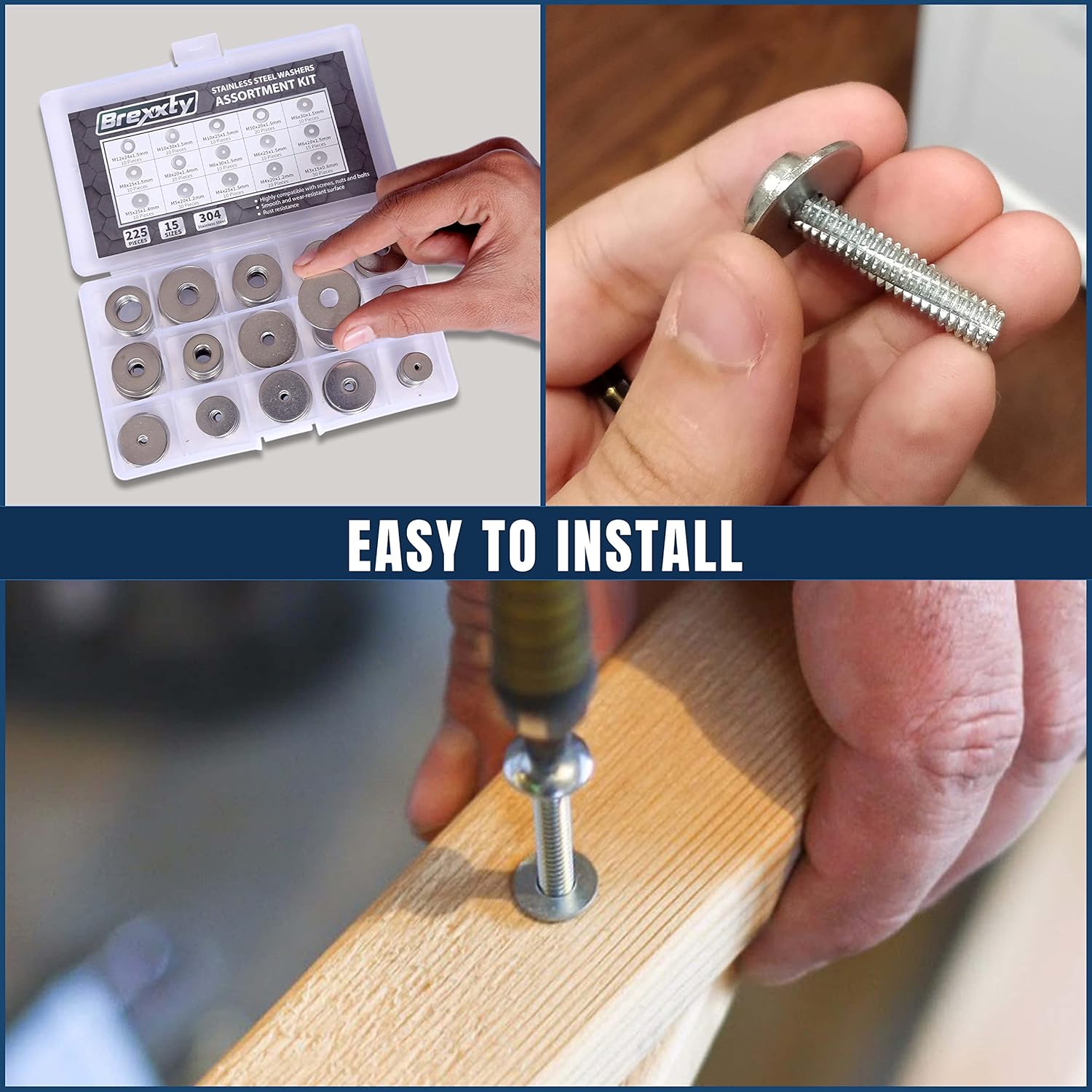 225Pcs Stainless Steel Fender Washers Assortment, 15 Sizes (M2-M12) for Screws & Bolts - Ideal for Home and Industrial Applications