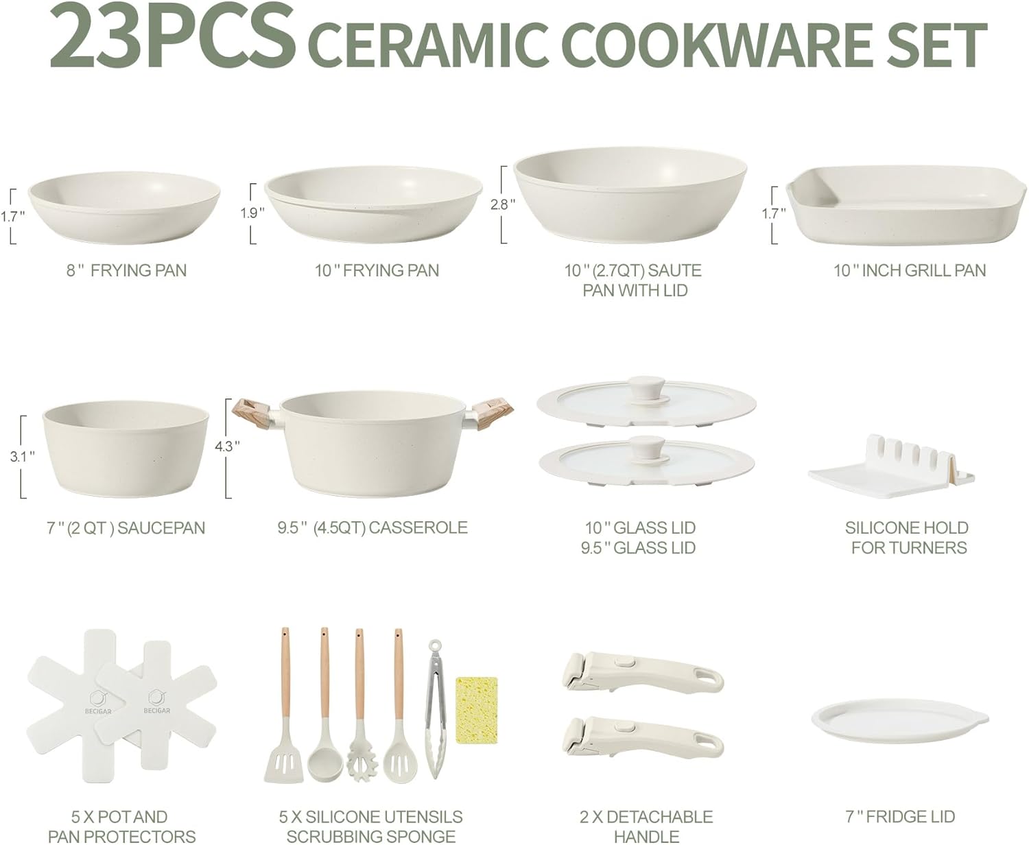 23-Piece Ceramic Pots and Pans Set with Nonstick Detachable Handles for Induction Cooking - Includes Frying Pans, Saucepans, and Oven-Safe Cookware