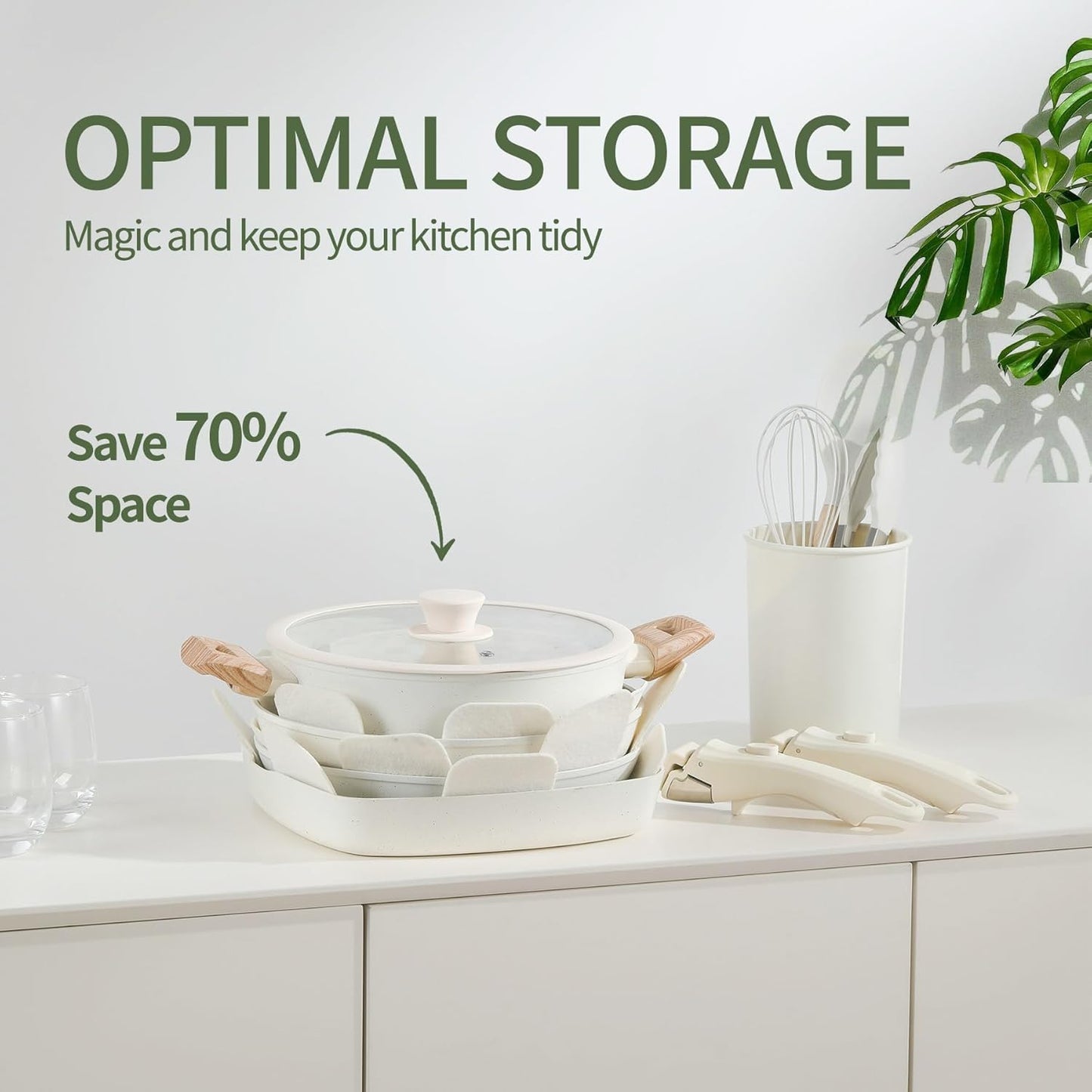 23-Piece Ceramic Pots and Pans Set with Nonstick Detachable Handles for Induction Cooking - Includes Frying Pans, Saucepans, and Oven-Safe Cookware