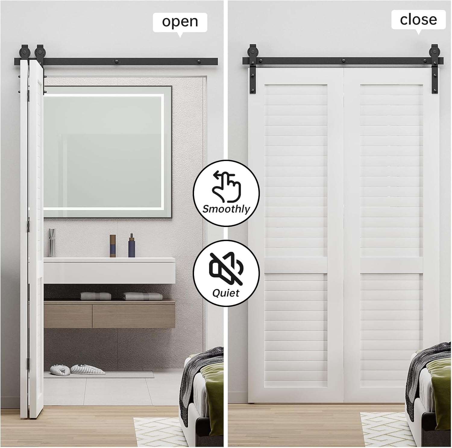 24" Bi-Folding Sliding Barn Door Hardware Kit - Smooth & Quiet Operation, Side Mounted Black Roller, Easy Install - Fits Double 10" Bifold Doors - WildKart