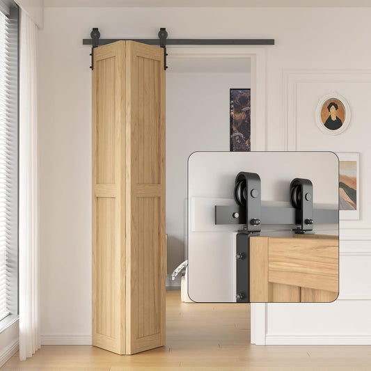 24" Bi-Folding Sliding Barn Door Hardware Kit for 2 Doors Side Mounted - Heavy Duty Track Roller Kit, Smooth & Quiet Operation, Easy Installation - Black Color