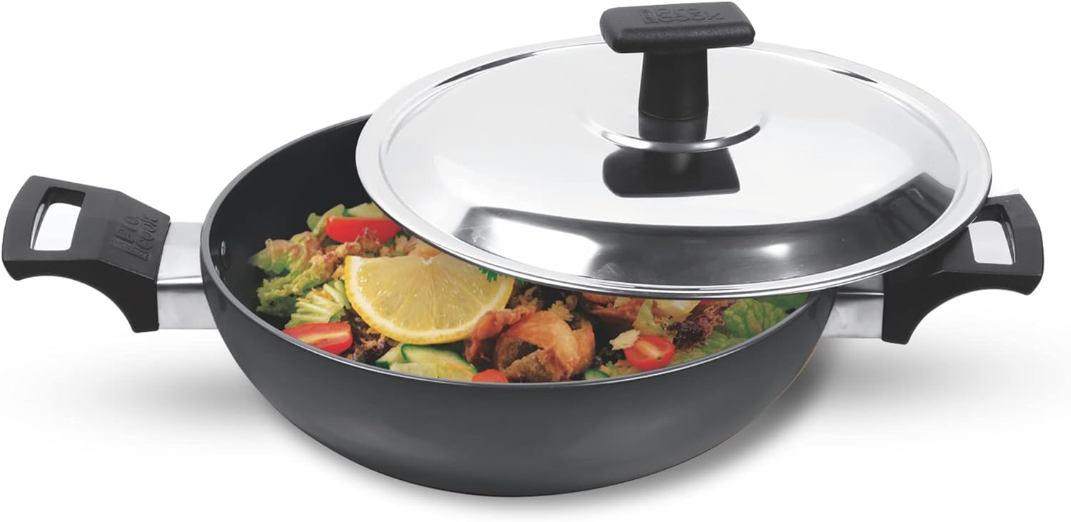 24 cm MILTON Pro Cook Kadai with Lid - Hard Anodized Aluminum Pot for Indian Cooking, Deep Frying - Induction Compatible