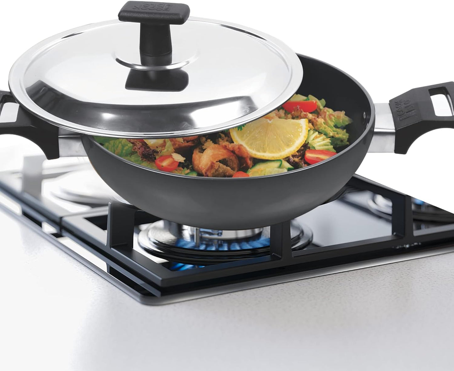 24 cm MILTON Pro Cook Kadai with Lid - Hard Anodized Aluminum Pot for Indian Cooking, Deep Frying - Induction Compatible