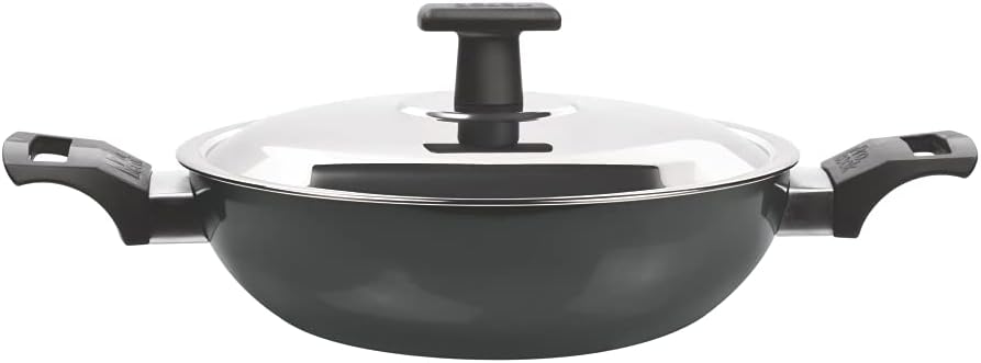 24 cm MILTON Pro Cook Kadai with Lid - Hard Anodized Aluminum Pot for Indian Cooking, Deep Frying - Induction Compatible