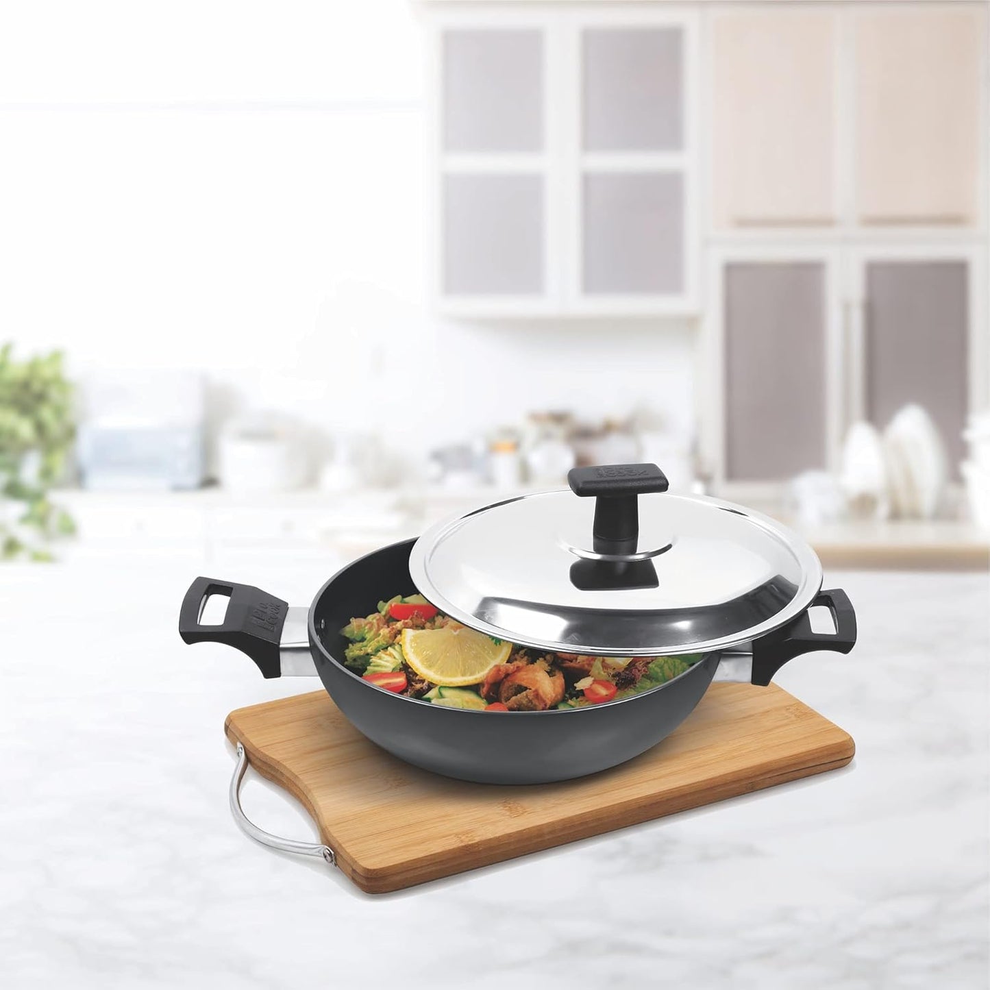 24 cm MILTON Pro Cook Kadai with Lid - Hard Anodized Aluminum Pot for Indian Cooking, Deep Frying - Induction Compatible