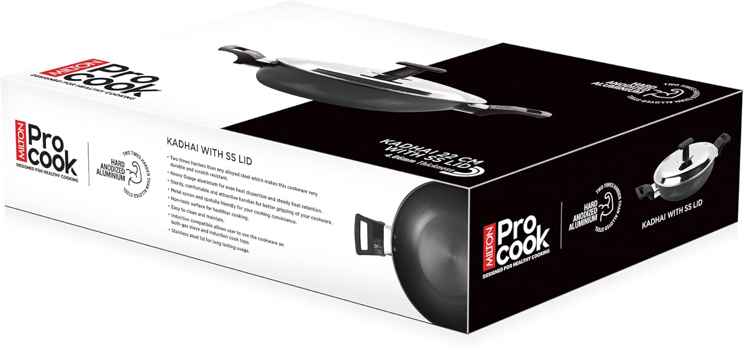 24 cm MILTON Pro Cook Kadai with Lid - Hard Anodized Aluminum Pot for Indian Cooking, Deep Frying - Induction Compatible