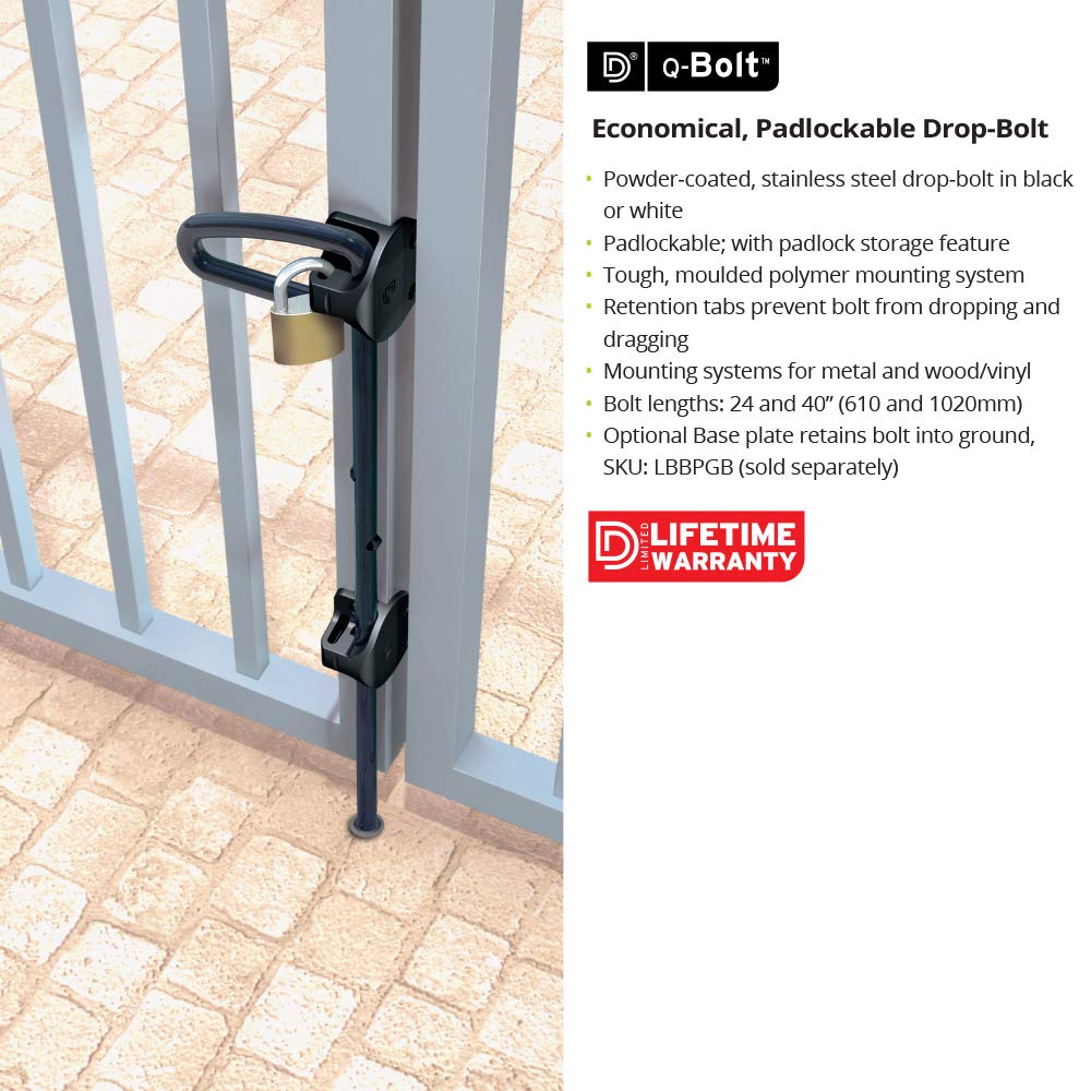 24" D&D QB124 Q-Bolt Drop Bolt for Square Post Metal Gates - Padlockable with Padlock Storage