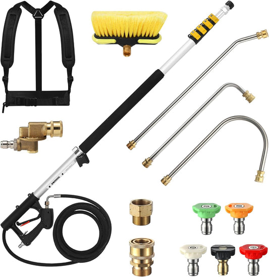 24 FT Telescoping Pressure Washer Wand with Extension, Brush Head, Gutter Cleaner, 5 Spray Tips, Hose Adapters & Support Belt
